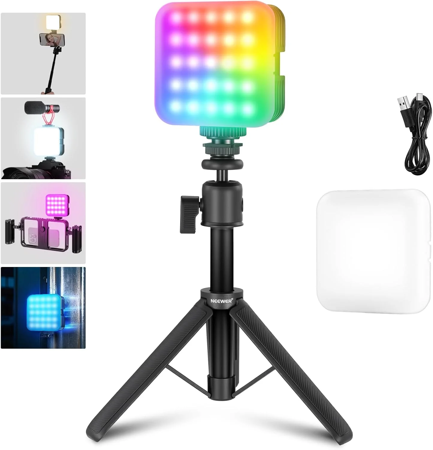 نور ویدئویی مغناطیسی RGB نیور با پایه رومیزی و 3 کفشک سرد، نور LED تمام رنگی 360 درجه دوربین، CRI97+/20 حالت/2500K-8500K، نورپردازی پنل کوچک 2000mAh برای عکاسی و ضبط، RGB61