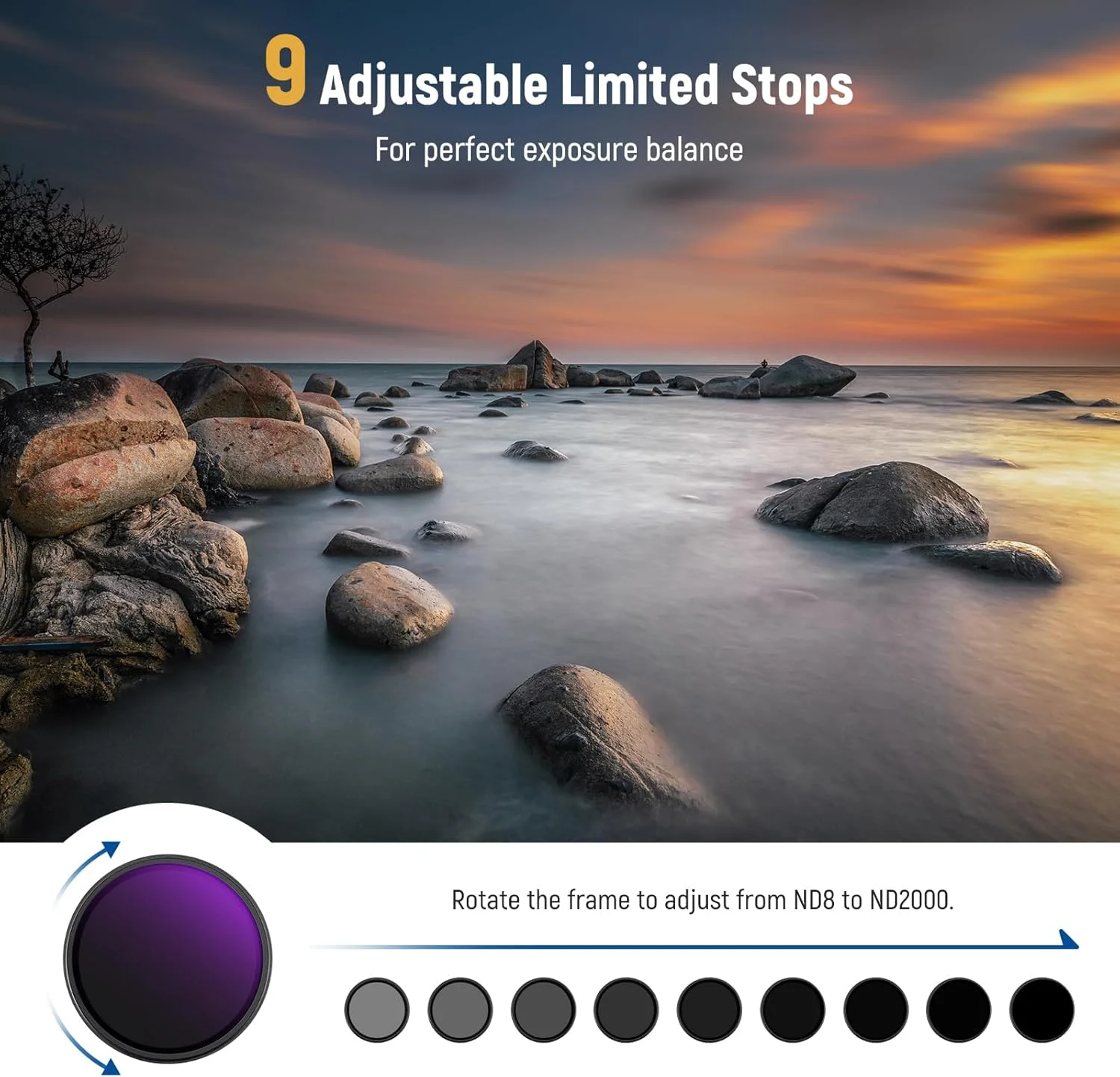 فیلتر ND متغیر 49 میلیمتری NEEWER (ND8-2000)، رنگ واقعی و توقف سخت، فیلتر لنز با چگالی خنثی محدود قابل تنظیم 3-11 استاپ برای دوربینهای DSLR بدون آینه، شیشه نوری چند پوششی، قاب آلومینیومی باریک فیلتر ND متغیر 49 میلیمتری NEEWER (ND8-2000)، رنگ واقعی و توقف سخت، فیلتر لنز با چگالی خنثی محدود قابل تنظیم 3-11 استاپ برای دوربینهای DSLR بدون آینه، شیشه نوری چند پوششی، قاب آلومینیومی باریک