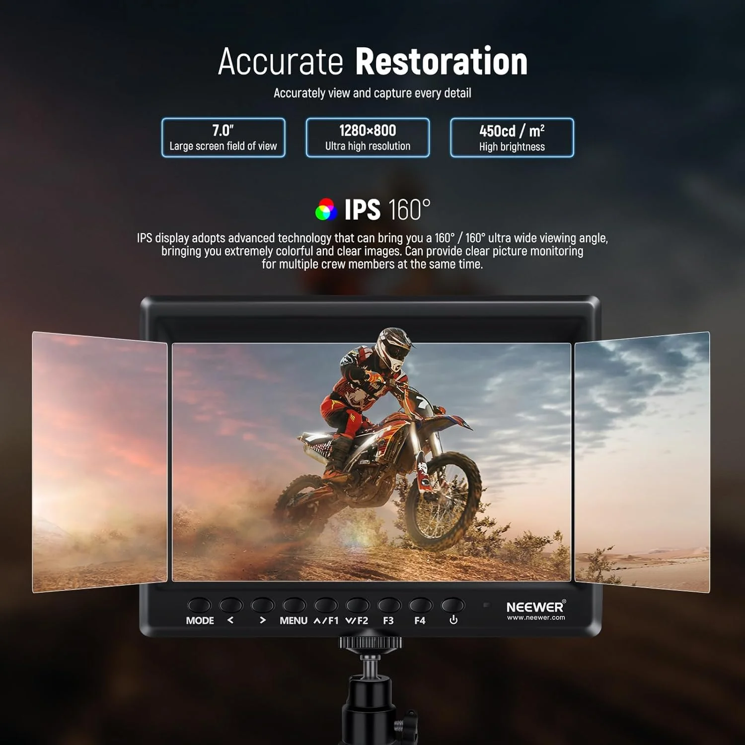 مانیتور 7 اینچی صحنه NEEWER F100 با کیفیت HD، نمایشگر IPS با رزولوشن 1280x800، ورودی HDMI 1080p به همراه باتری 4400mAh F750، آفتابگیر و هد توپی 360 درجه برای دوربین های DSLR، لرزشگیر دستی، تجهیزات فیلمبرداری