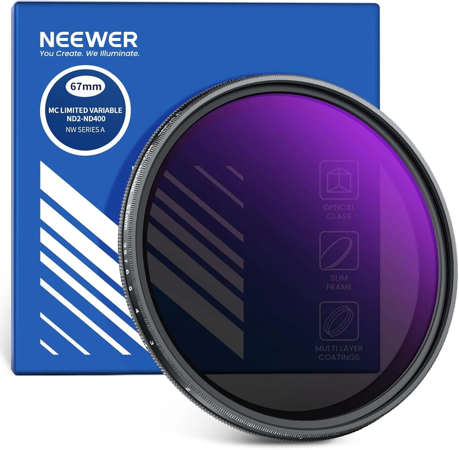 فیلتر کاهنده نور متغیر ND2-ND400 نیور، فیلتر چگالی خنثی قابل تنظیم محدود با توقف سخت، با شیشه اپتیکال چند لایه مقاوم در برابر آب و خراش و فریم آلومینیومی باریک، 67 میلی متر
