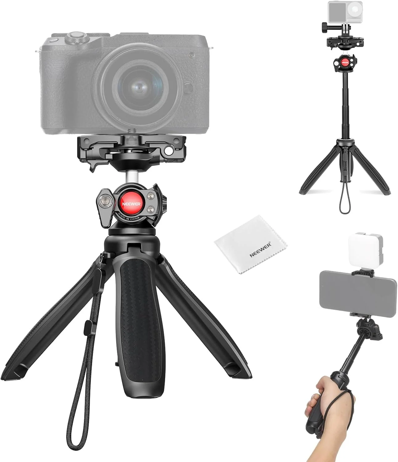 سه پایه دوربین گوشی NEEWER TP38 به همراه هولدر گوشی و آداپتور اتصال دوربین اکشن، سه پایه مسافرتی کوچک با پارچه تمیز کننده برای ضبط ویدیو و ولاگ