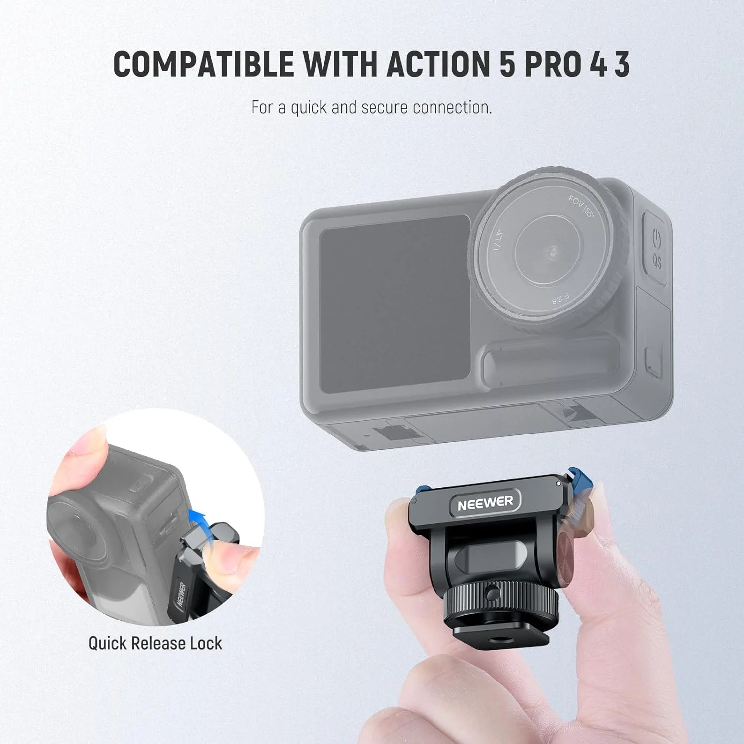 اتصالات پایه مغناطیسی نیوور سازگار با DJI Osmo Action 5 Pro / 4/3، آداپتور پایه دوربین اکشن با قابلیت رهاسازی سریع و چرخش 160 درجه، دارای کفشک سرد و رزوه 1/4 اینچ، AC012 خاکستری تیره