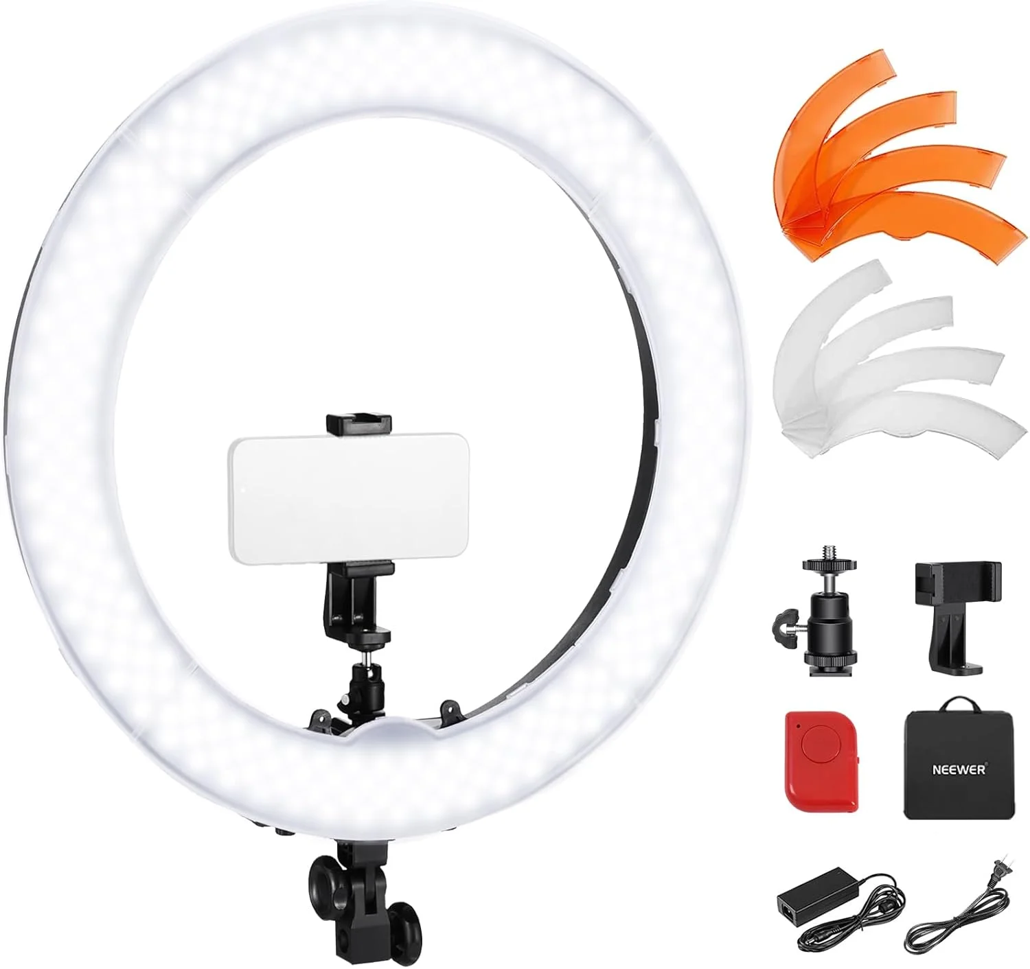 نور حلقه ای 18 اینچی NEEWER، 58 وات 5500Lx 5600K با قابلیت تنظیم نور CRI95 240 LED، نورپردازی کفش سرد فیلترهای دو رنگ کیف نگهدارنده تلفن برای سلفی آیفون آرایش استودیوی عکاسی ضبط، RL-18