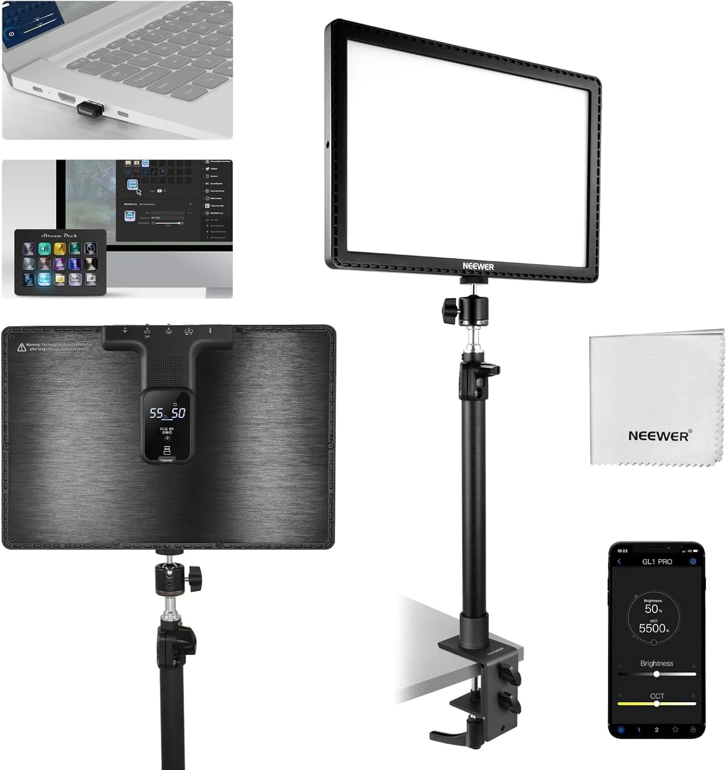 نور استریمینگ 15.5 اینچی NEEWER، نور اصلی با گیره CRI97+ برای نورپردازی عکس روی پنل LED رومیزی، کنترل برنامه 2.4 گیگاهرتز PC/Mac iOS/Android، سازگار با Elgato Stream Deck برای ویدیو، GL1 Pro مشکی