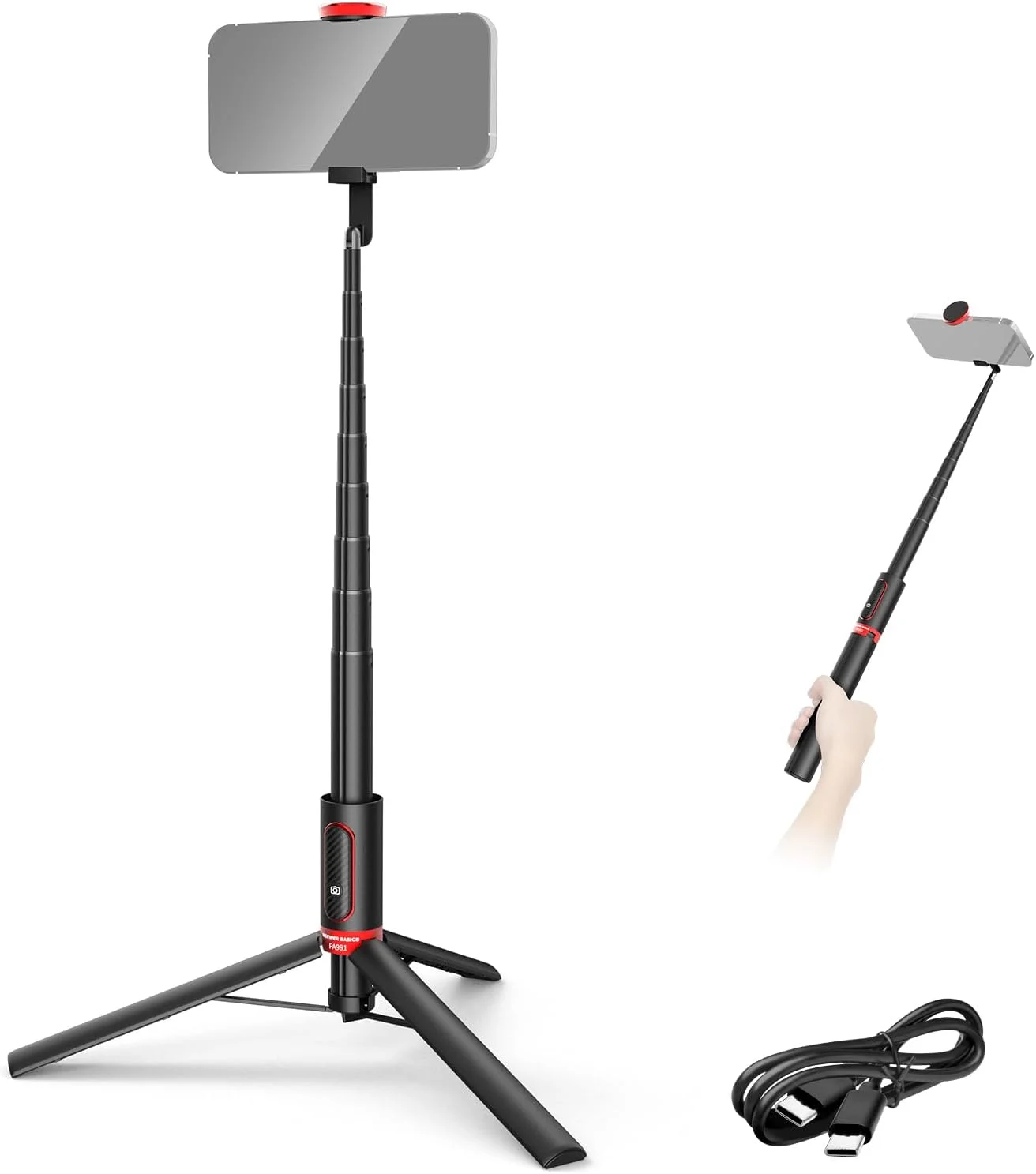 پایه سلفی سه پایه NEEWER Basics سازگار با آیفون سامسونگ اندروید، 57.9 اینچ فلزی قابل حمل سبک وزن پایه تلفن همراه مسافرتی با نگهدارنده و ریموت برای ضبط فیلم