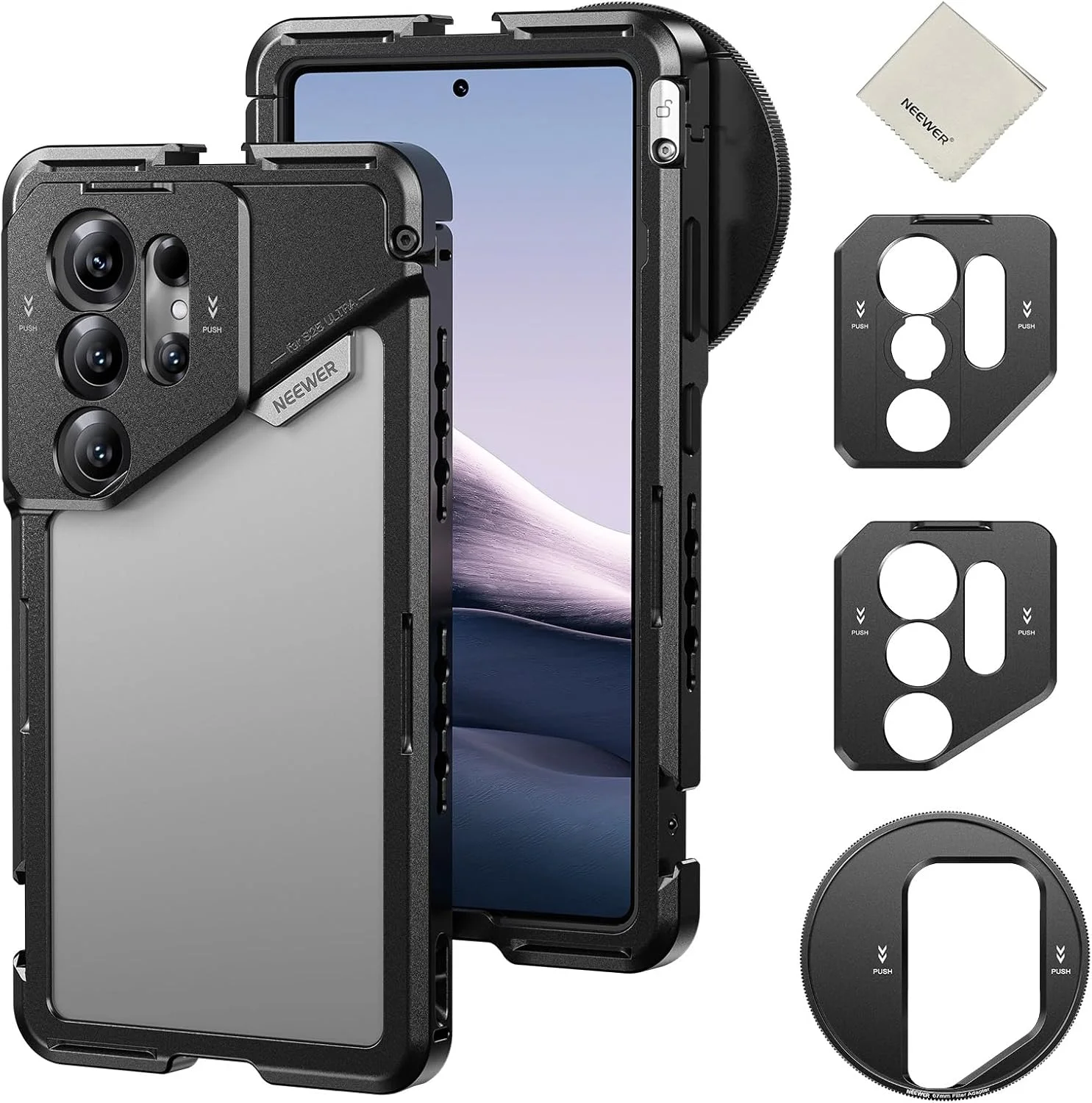 محافظ تلفن همراه NEEWER S25 Ultra، تثبیت کننده ریگ ویدیویی موبایل با آداپتور فیلتر 67 میلی متری، صفحه پشتی لنز 17 میلی متری، آداپتور T Mount سازگار با Moment Samsung Galaxy S25 Ultra، 1 عدد دستمال تمیز کننده