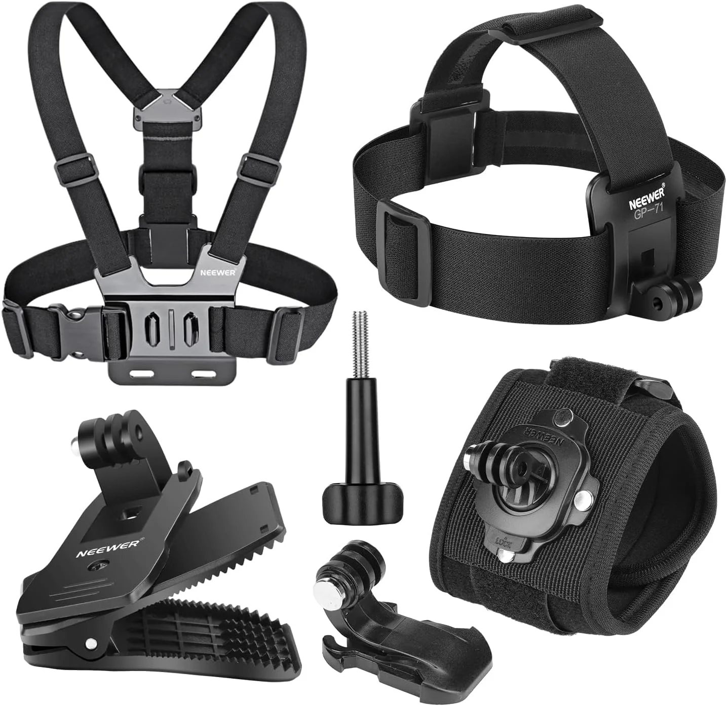 مجموعه لوازم جانبی نیوور سازگار با دوربین های اکشن GoPro Hero Insta360 DJI AKASO، شامل بند سر با قابلیت تعویض سریع، بند سینه، گیره کلاه کوله پشتی و بند مچی 360 درجه مدل GP-75