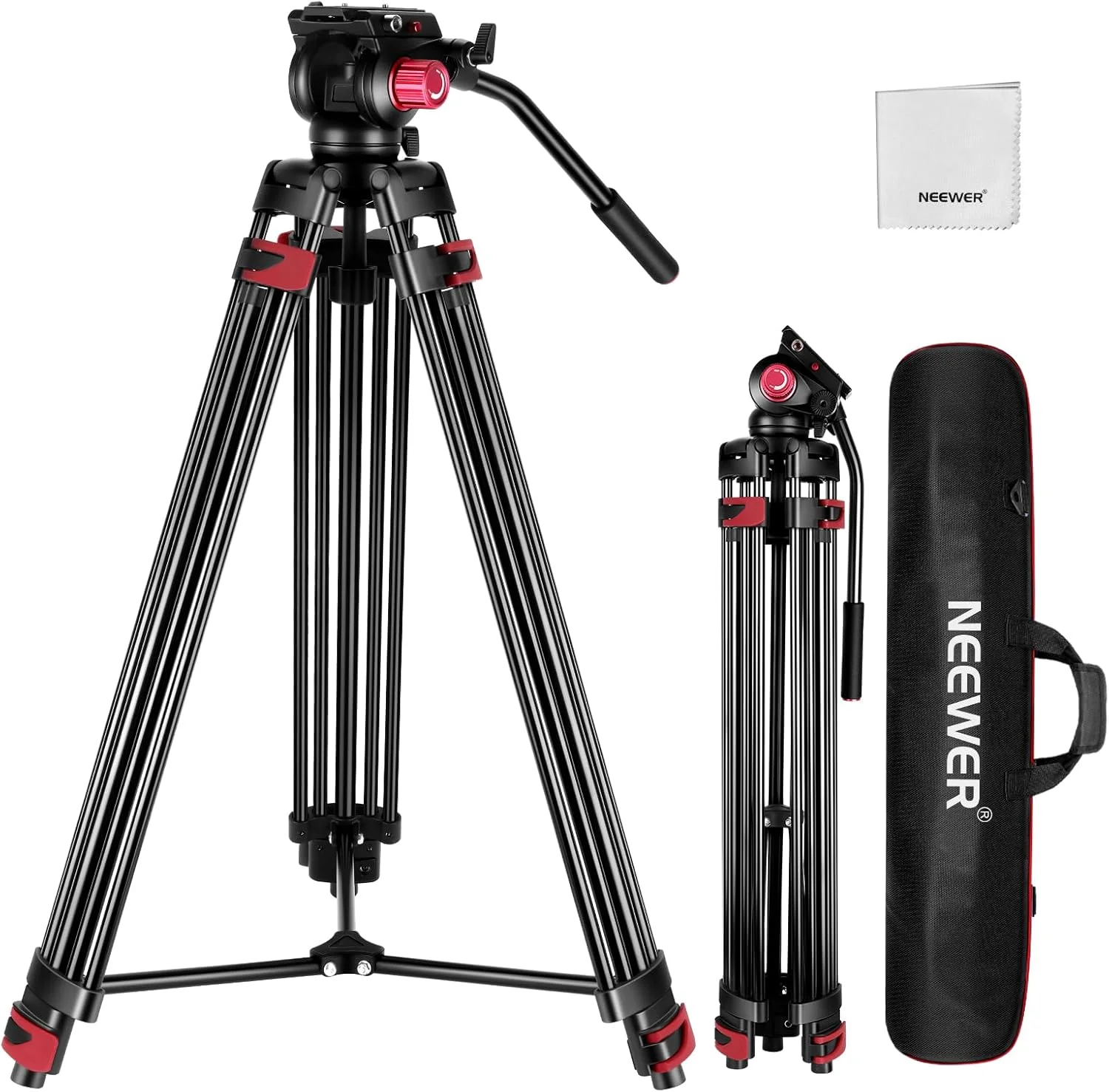 سه پایه دوربین 200 سانتی متری نیور با هد سیال 360 درجه، پایه ویدیویی آلیاژ آلومینیوم سنگین با صفحه QR سازگار با دوربین های DSLR کانن نیکون سونی و سایر دوربین های فیلمبرداری، تحمل بار تا 8 کیلوگرم، به همراه دستمال تمیز کننده