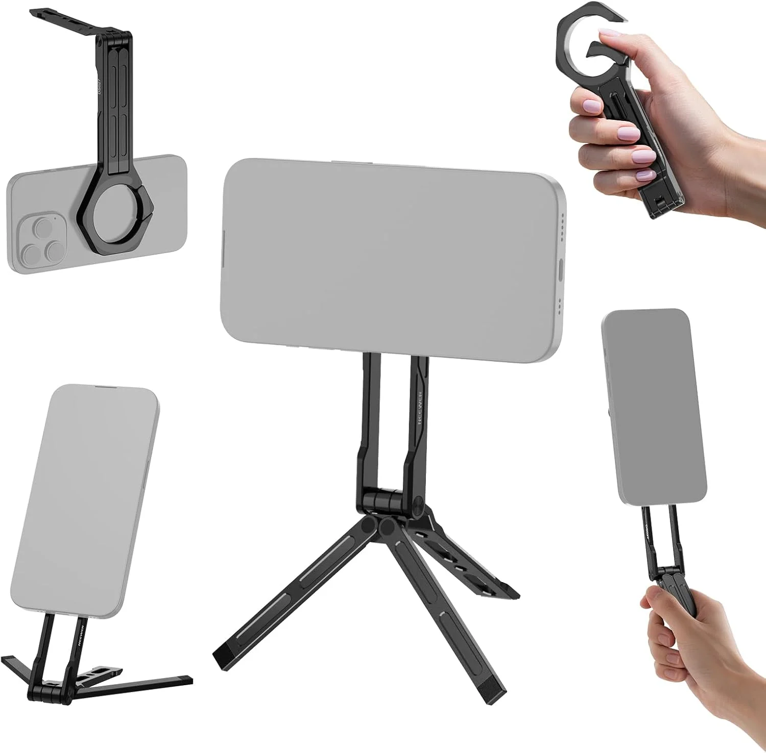 پایه نگهدارنده مغناطیسی گوشی موبایل نیوور، پایه رومیزی فلزی سبک و قابل حمل، سه پایه کوچک و دسته سلفی گیر با طراحی کارابین، اتصال سریع، سازگار با آیفون برای ضبط ویدیو، مدل DS027