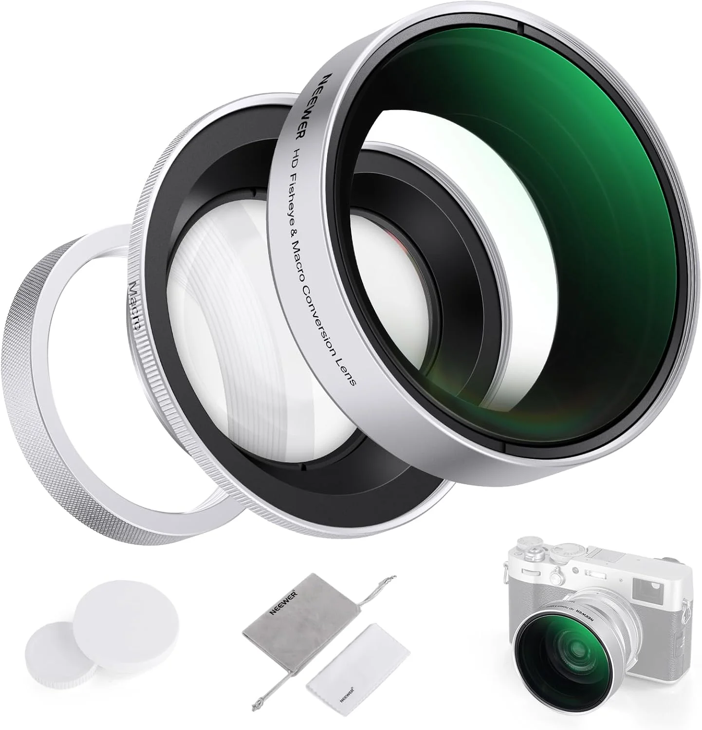 لنز اضافی چشم ماهی 0.43x و ماکرو 1.4x نئور 49 میلی‌متری برای دوربین‌های سری X100، لنز HD 2 در 1 با حلقه آداپتور 49 میلی‌متری برای دوربین‌های فوجی‌فیلم X100 X100S X100F X100T X100V X100VI (قاب نقره‌ای)، LS-46