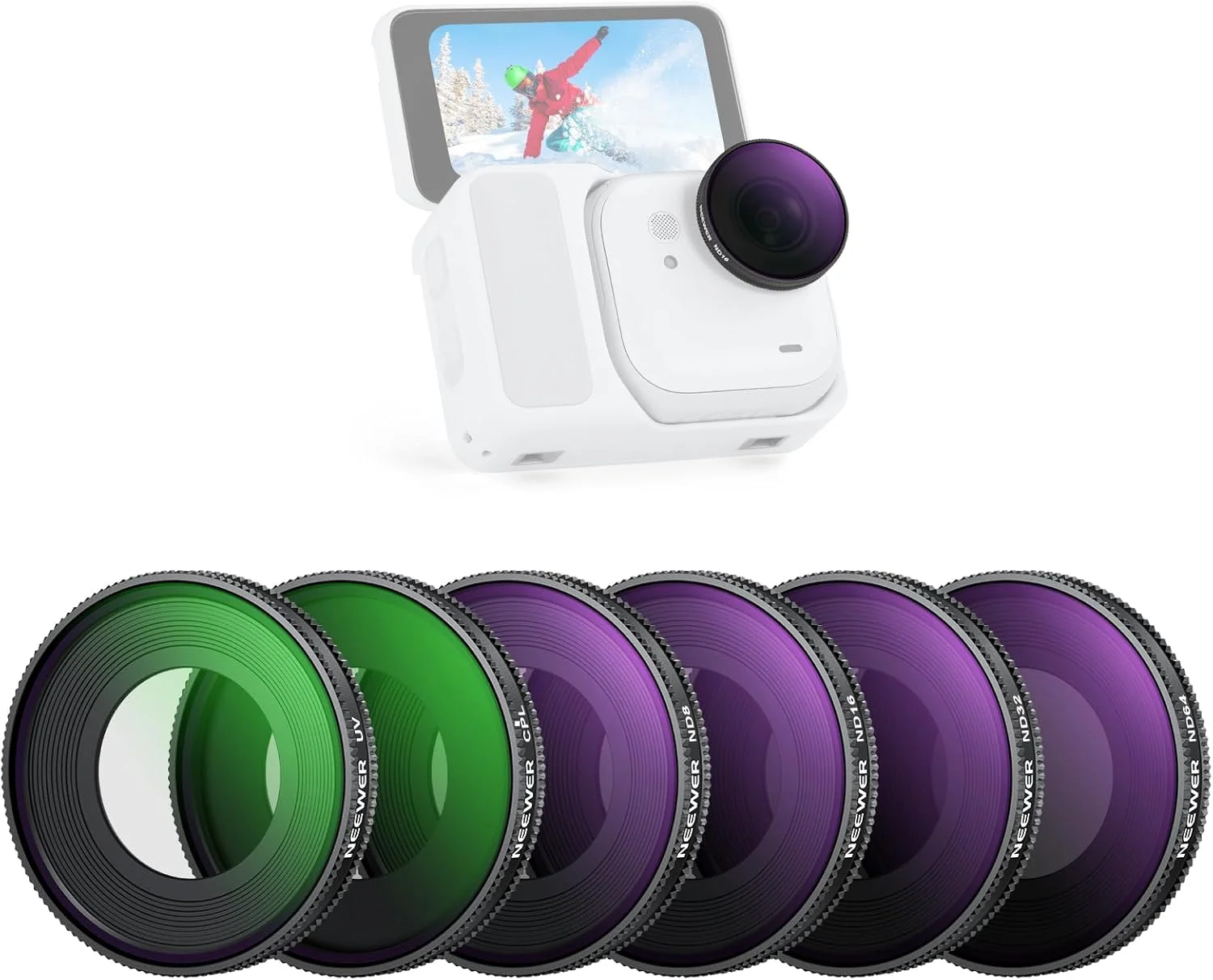 مجموعه فیلتر ND نیوئر سازگار با Insta360 GO Ultra (UV/CPL/ND8/ND16/ND32/ND64)، فیلتر لنز پلاریزه دایره ای با پیچ، لوازم جانبی دوربین اکشن شیشه ای اپتیکال HD، FL-C53