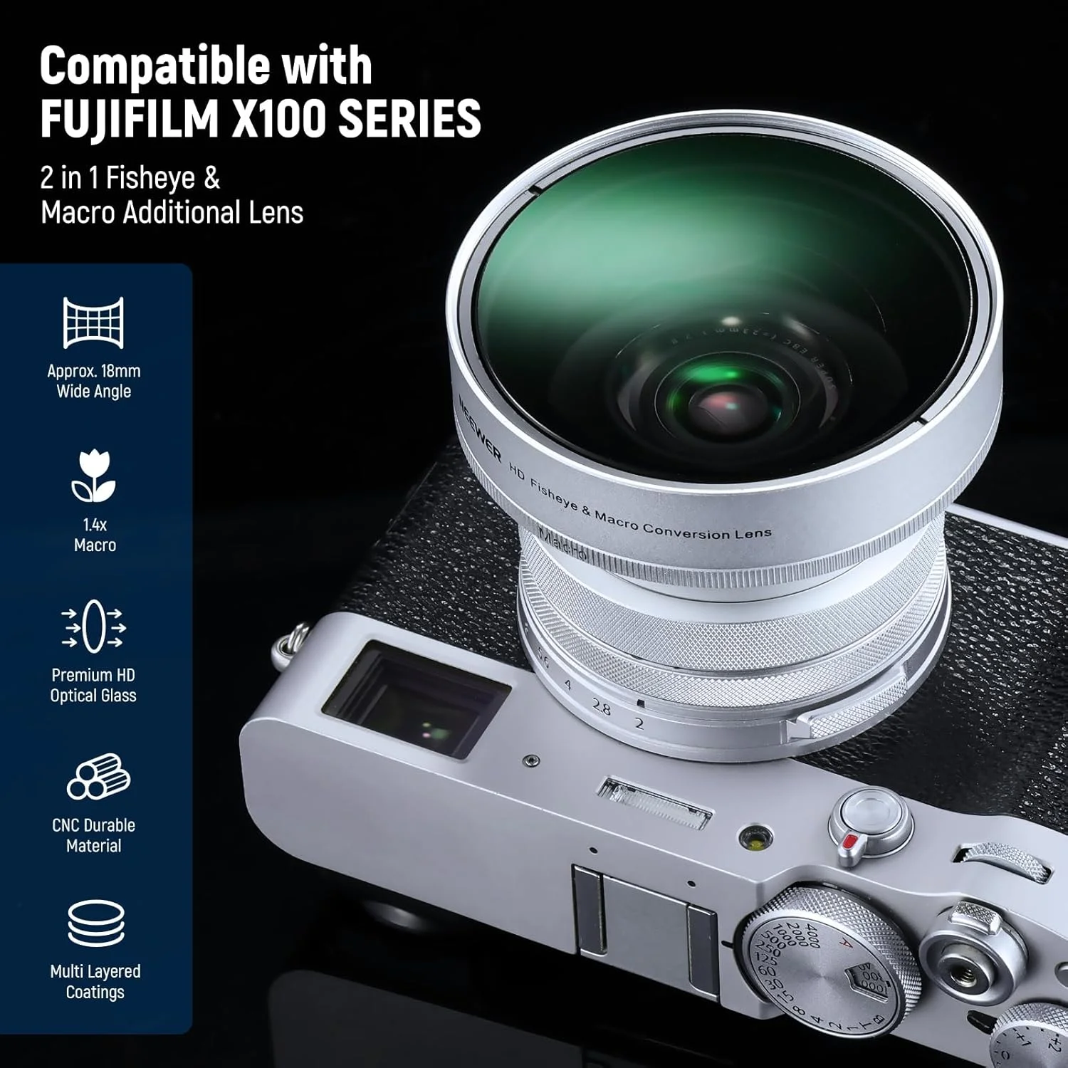 لنز اضافی چشم ماهی 0.43x و ماکرو 1.4x نئور 49 میلیمتری برای دوربینهای سری X100، لنز HD 2 در 1 با حلقه آداپتور 49 میلیمتری برای دوربینهای فوجیفیلم X100 X100S X100F X100T X100V X100VI (قاب نقرهای)، LS-46 لنز اضافی چشم ماهی 0.43x و ماکرو 1.4x نئور 49 میلیمتری برای دوربینهای سری X100، لنز HD 2 در 1 با حلقه آداپتور 49 میلیمتری برای دوربینهای فوجیفیلم X100 X100S X100F X100T X100V X100VI (قاب نقرهای)، LS-46