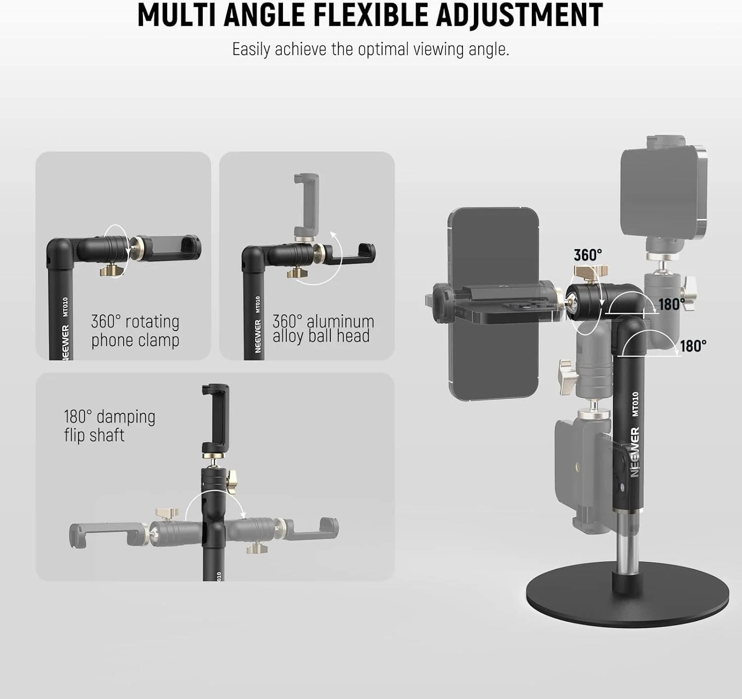 پایه نگهدارنده تاشو گوشی موبایل نیور برای میز، هولدر قابل تنظیم گوشی برای ضبط ویدیو، دارای سر توپی 360 درجه، بازوی تاشو و پایه فلزی سنگین مدل MT010 پایه نگهدارنده تاشو گوشی موبایل نیور برای میز، هولدر قابل تنظیم گوشی برای ضبط ویدیو، دارای سر توپی 360 درجه، بازوی تاشو و پایه فلزی سنگین مدل MT010