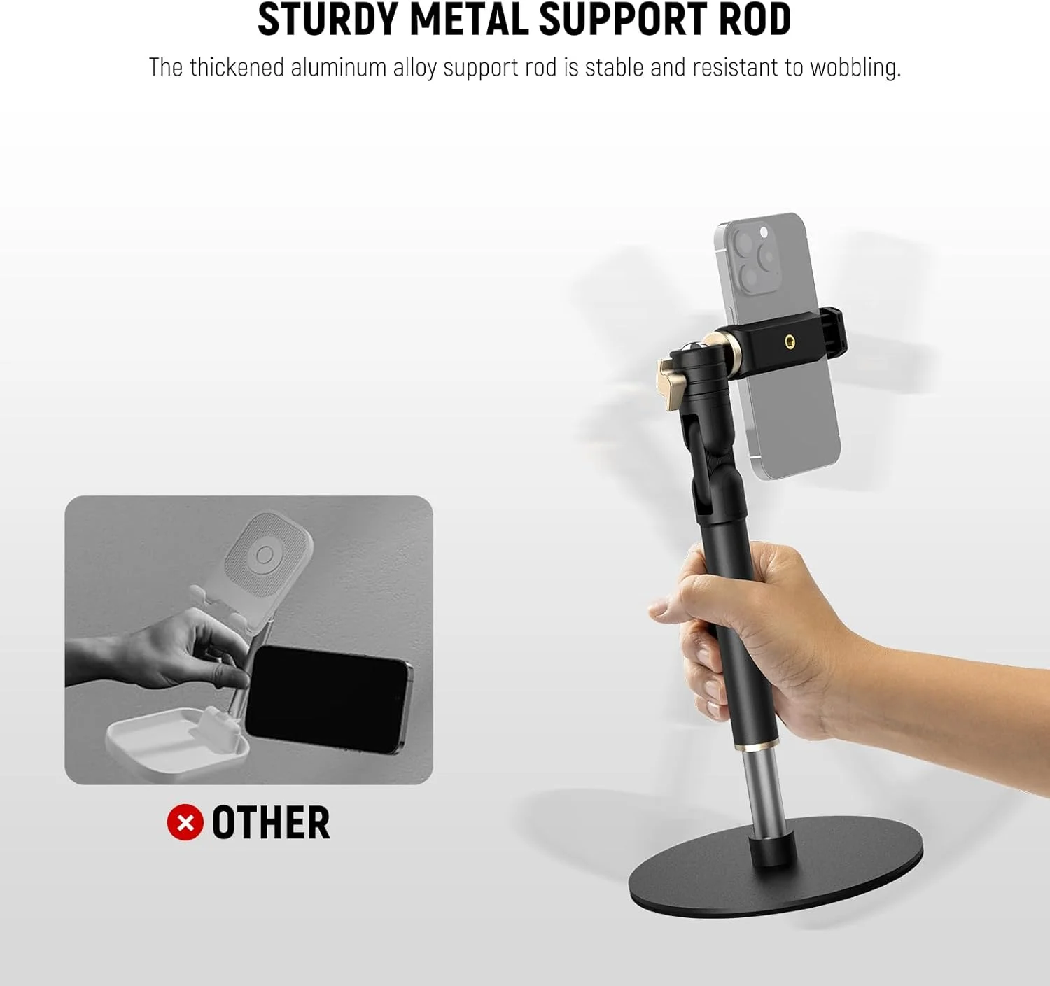 پایه نگهدارنده تاشو گوشی موبایل نیور برای میز، هولدر قابل تنظیم گوشی برای ضبط ویدیو، دارای سر توپی 360 درجه، بازوی تاشو و پایه فلزی سنگین مدل MT010 پایه نگهدارنده تاشو گوشی موبایل نیور برای میز، هولدر قابل تنظیم گوشی برای ضبط ویدیو، دارای سر توپی 360 درجه، بازوی تاشو و پایه فلزی سنگین مدل MT010