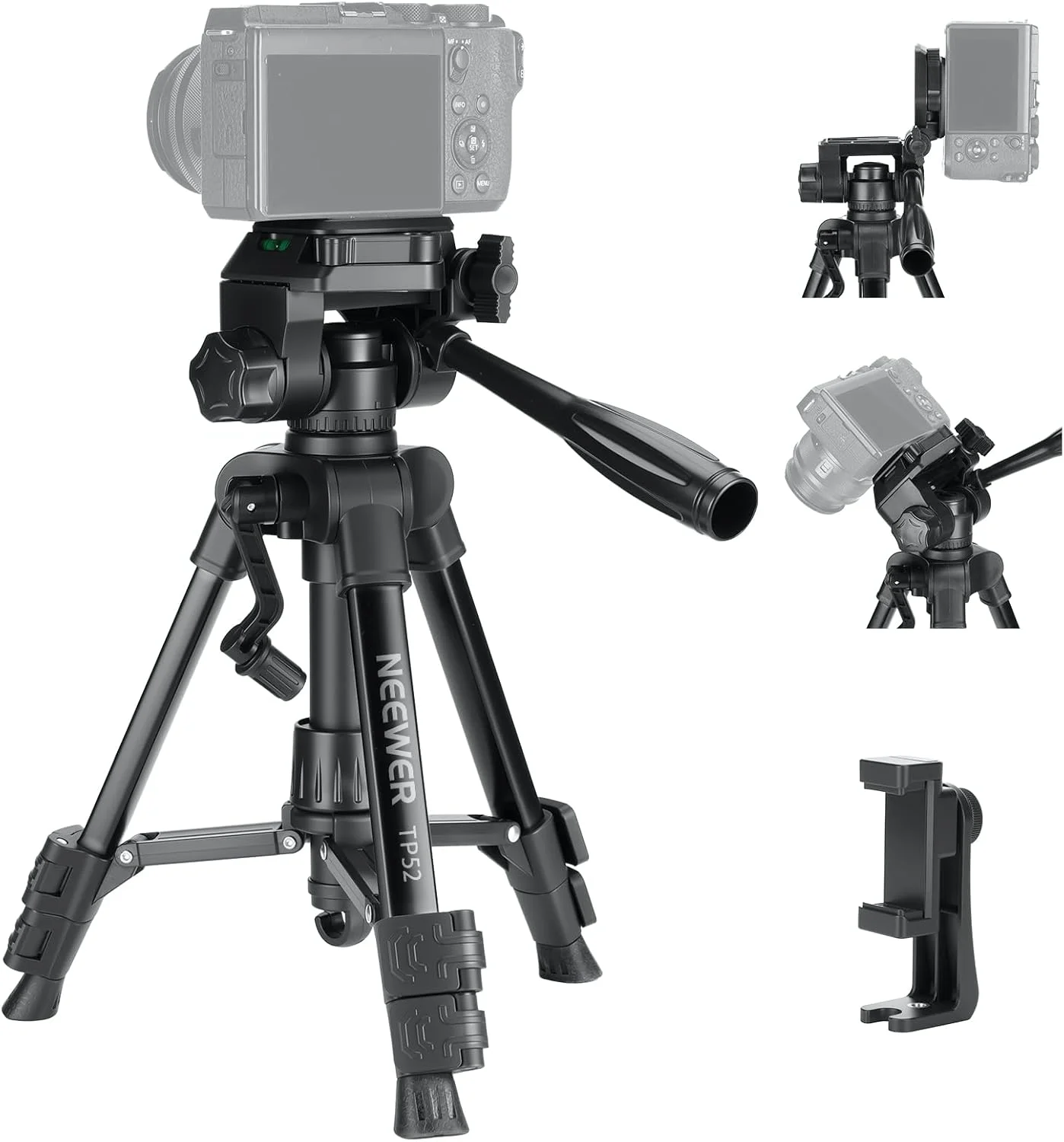 سه پایه رومیزی کوچک NEEWER مدل ENTRY LEVEL VERSION سازگار با آیفون برای ضبط ویدیو، پایه دوربین DSLR و وب کم کوچک و جمع و جور، هد پن و تیلت 3 طرفه و نگهدارنده تلفن همراه، TP52
