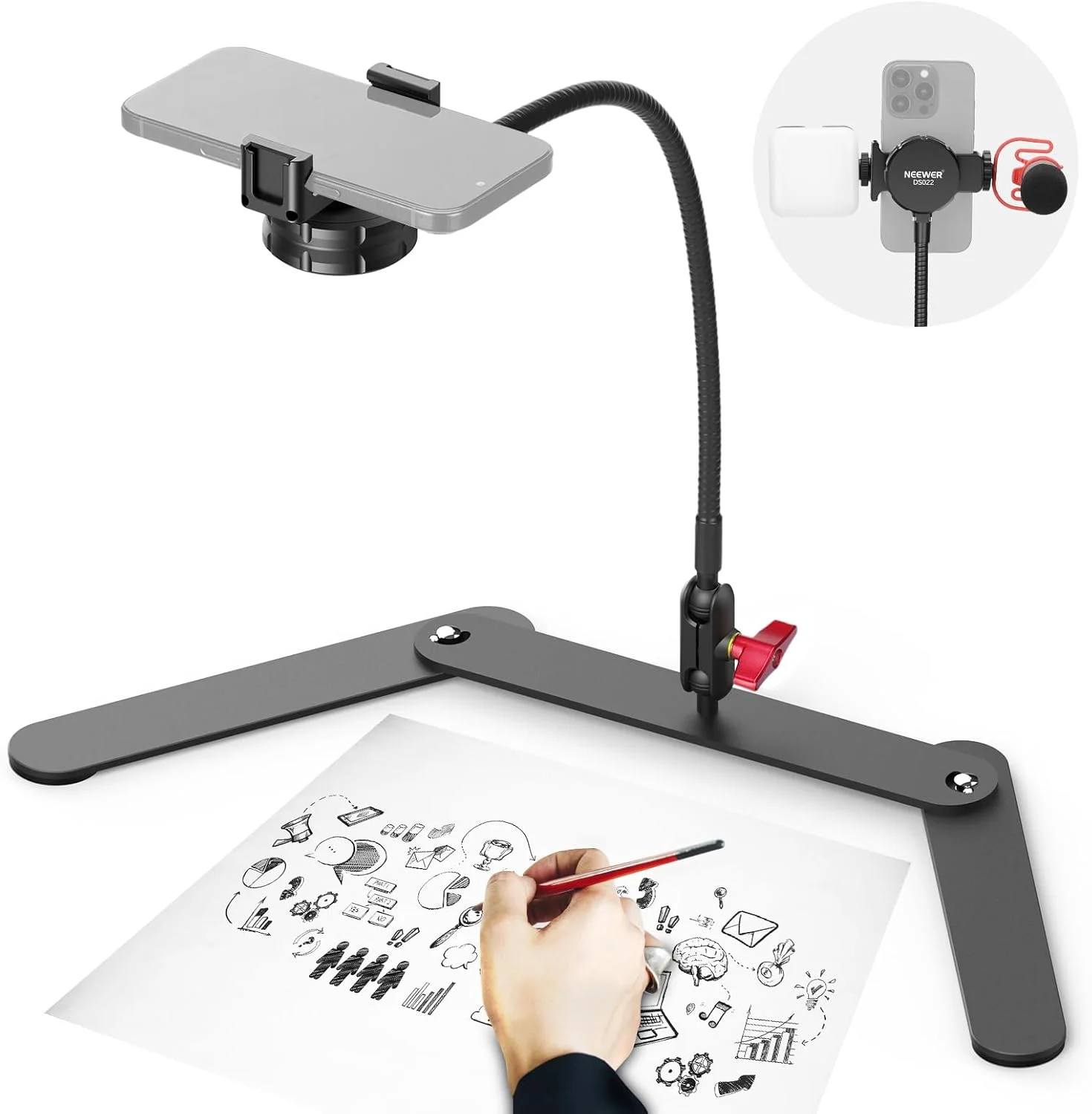 پایه نگهدارنده گوشی رومیزی نیور با لوله انعطاف پذیر و هد توپی، گیره نگهدارنده گوشی سه پایه رومیزی با پایه تاشو برای پخت و پز، طراحی، اسکچ و پخش زنده، مدل DS022