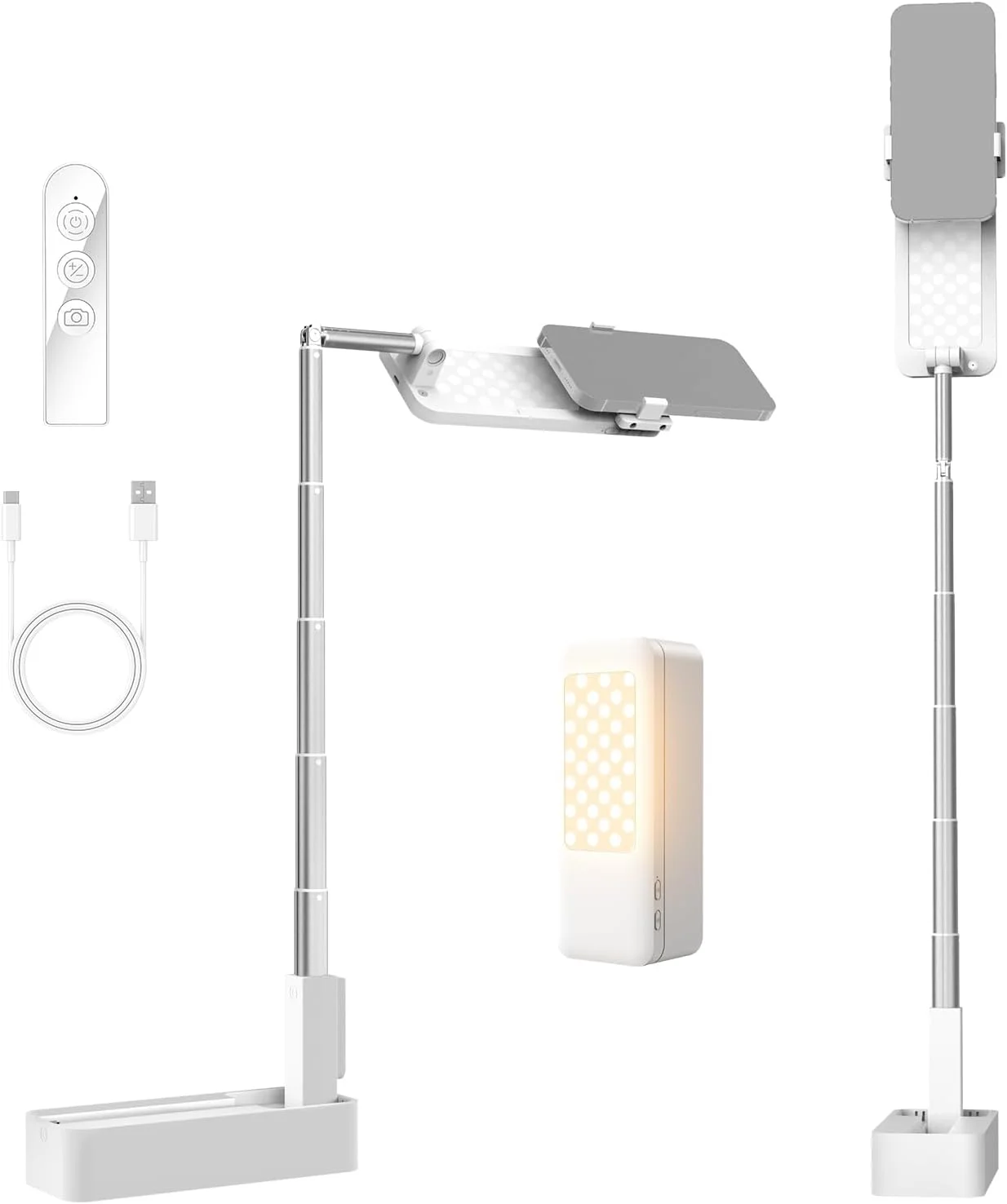 پایه رومیزی تاشو با نور LED، ریموت و نگهدارنده گوشی برای ضبط ویدیو و استریم سلفی، 990lx/0.3m، 3 حالت CRI80، قابل شارژ 1000mAh، مدل V10