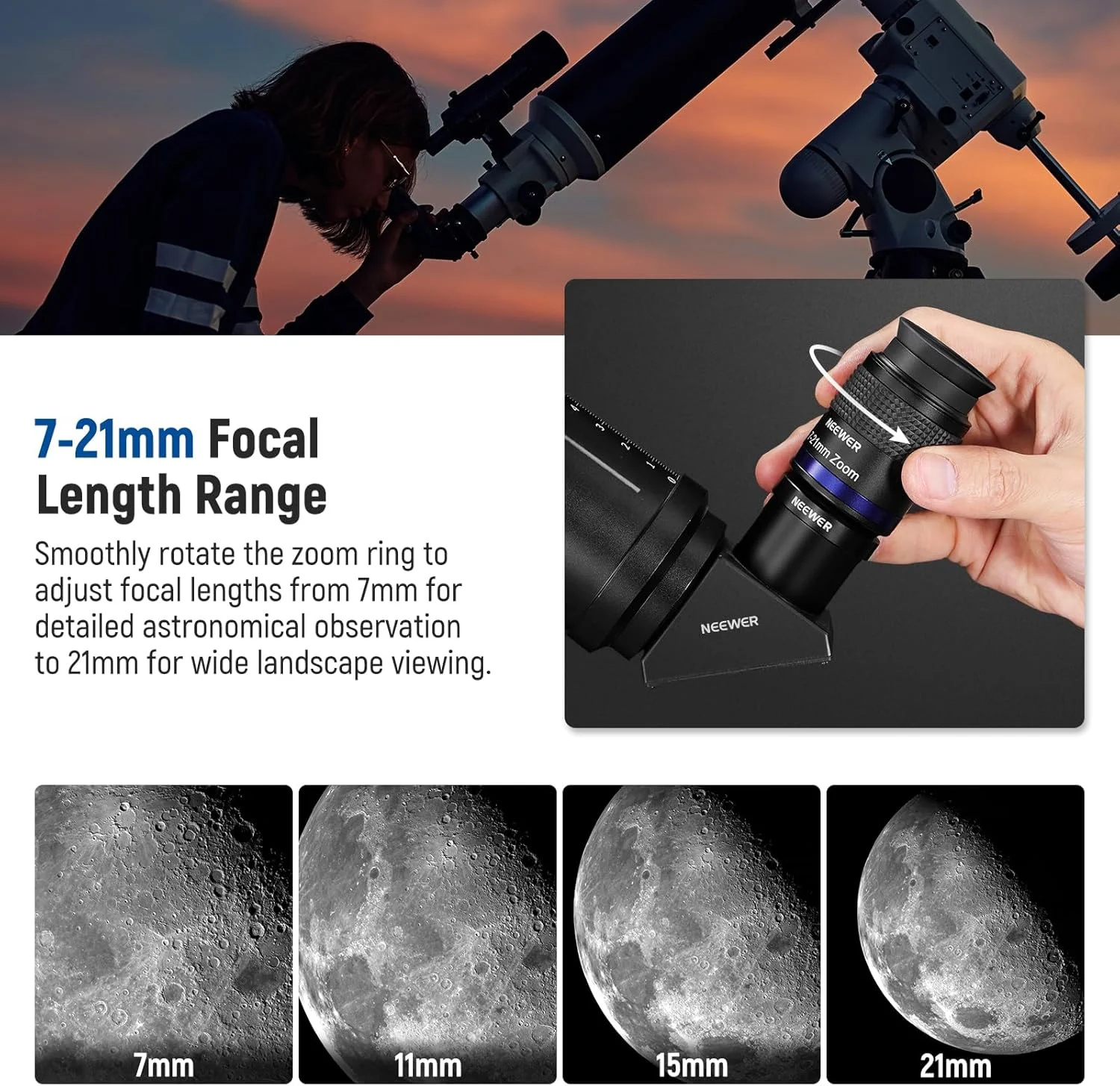 چشمی تلسکوپ زوم نیور با محدوده فاصله کانونی 7-21 میلی‌متر، میدان دید 40 تا 57 درجه، فاصله چشمی 15 میلی‌متر، 5 عدسی در 3 گروه برای تلسکوپ‌های نجومی با لوله 1.25 اینچی، مدل LS-T22