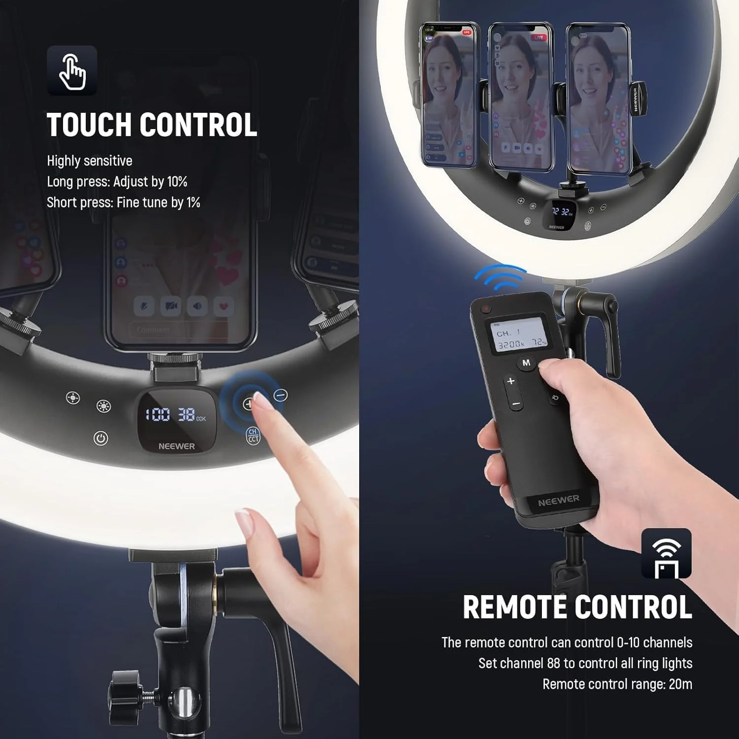 نور حلقوی 19 اینچی NEEWER RP19H با سه پایه / 3 نگهدارنده تلفن / پارچه تمیز کننده سازگار با آیفون، کنترل لمسی 2.4G، نور حلقوی LED برای استودیو ویدئویی، پخش زنده، زوم، سلفی، نورپردازی آرایش نور حلقوی 19 اینچی NEEWER RP19H با سه پایه / 3 نگهدارنده تلفن / پارچه تمیز کننده سازگار با آیفون، کنترل لمسی 2.4G، نور حلقوی LED برای استودیو ویدئویی، پخش زنده، زوم، سلفی، نورپردازی آرایش