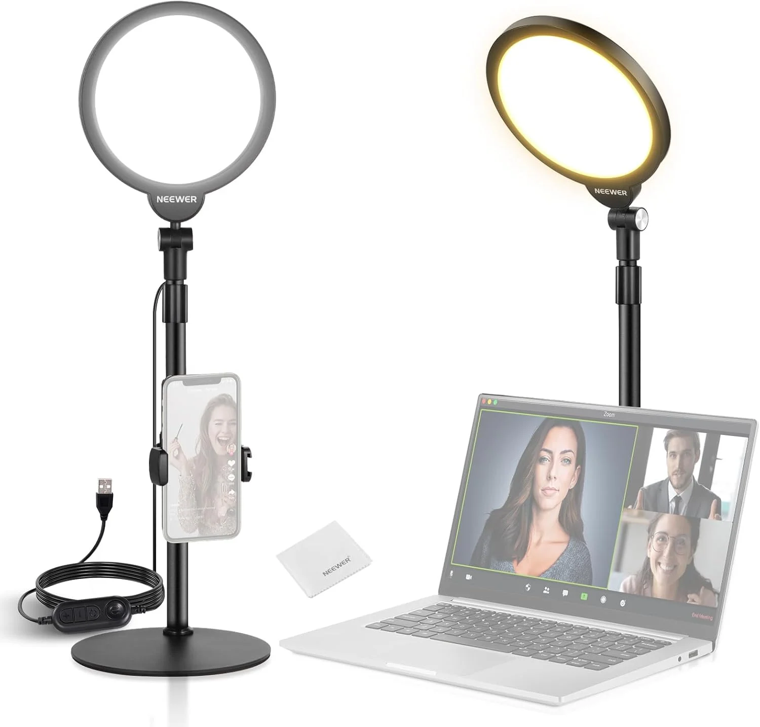 نور ویدئویی رومیزی حلقه ای 7 اینچی NEEWER Basics، نور کلیدی صفحه نمایش کامل 10 واتی با قابلیت تنظیم نور با نگهدارنده/نگهدارنده تلفن/دستمال تمیز کننده برای آیفون، کامپیوتر، لپ تاپ، وبلاگ، عکس، پخش زنده، کنفرانس ویدیویی، R06