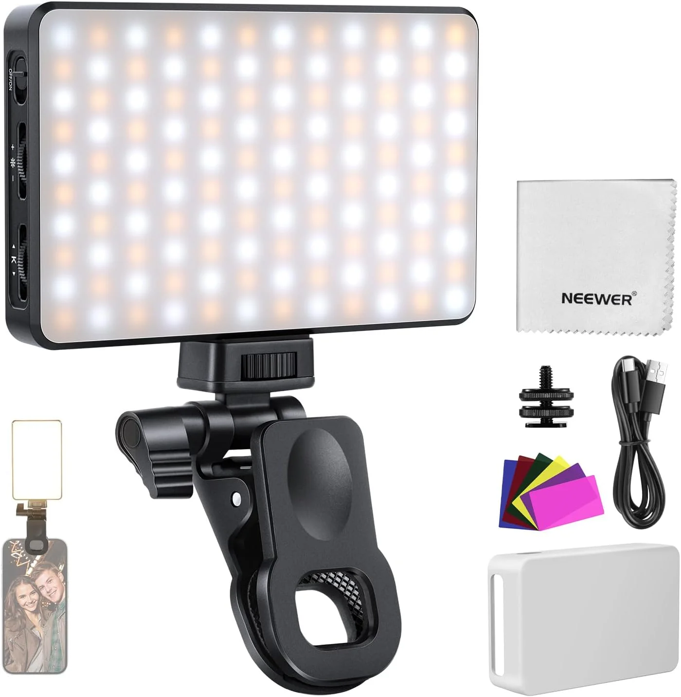 نور سلفی LED نیور مدل BL120B سازگار با دوربین آیفون، لپ تاپ، وب کم برای کنفرانس ویدیویی، ضبط تماس های زوم، نور پرکننده گیره ای قابل تنظیم 2500-9000K CRI95+