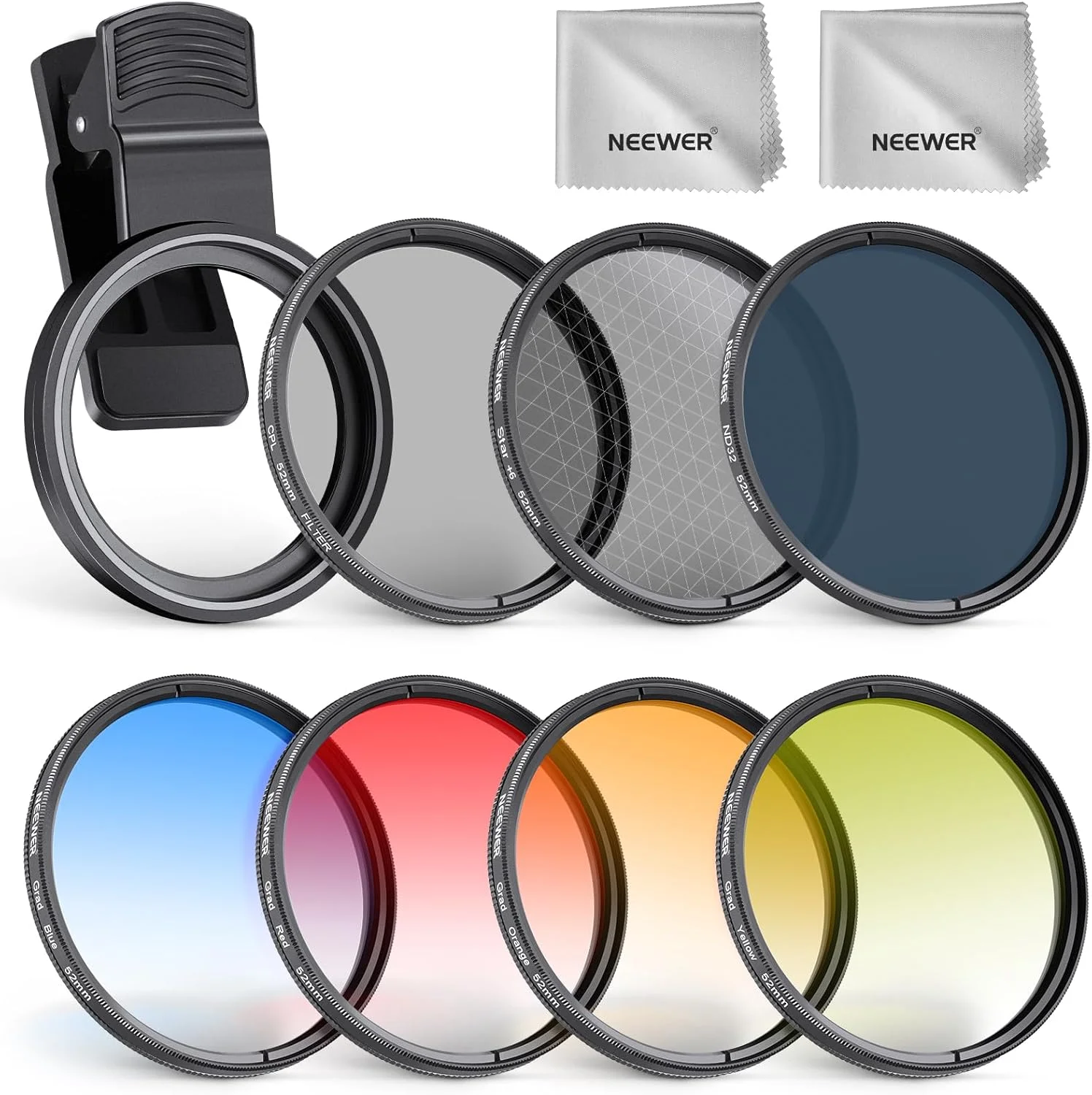 مجموعه فیلتر 7 عددی 52 میلی‌متری NEEWER سازگار با آیفون، گیره متصل CPL+ ND32 + ستاره‌ای + GND (قرمز/نارنجی/زرد/آبی) کیت لوازم جانبی عکاسی لنز دوربین تلفن