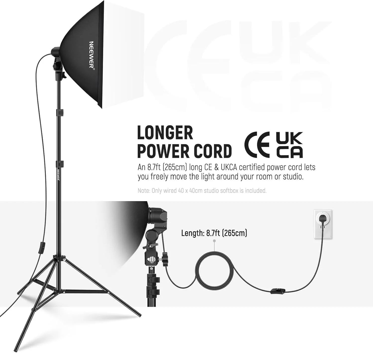 نرم باکس 40x40 سانتی‌متری NEEWER با سرپیچ سرامیکی E27، سیم برق دارای گواهی UL، دیفیوزر سفید و آداپتور پایه، اصلاح‌کننده نور بادوام نایلونی سافت باکس برای نورپردازی عکاسی استودیویی، SF4040 (دوشاخه UK)