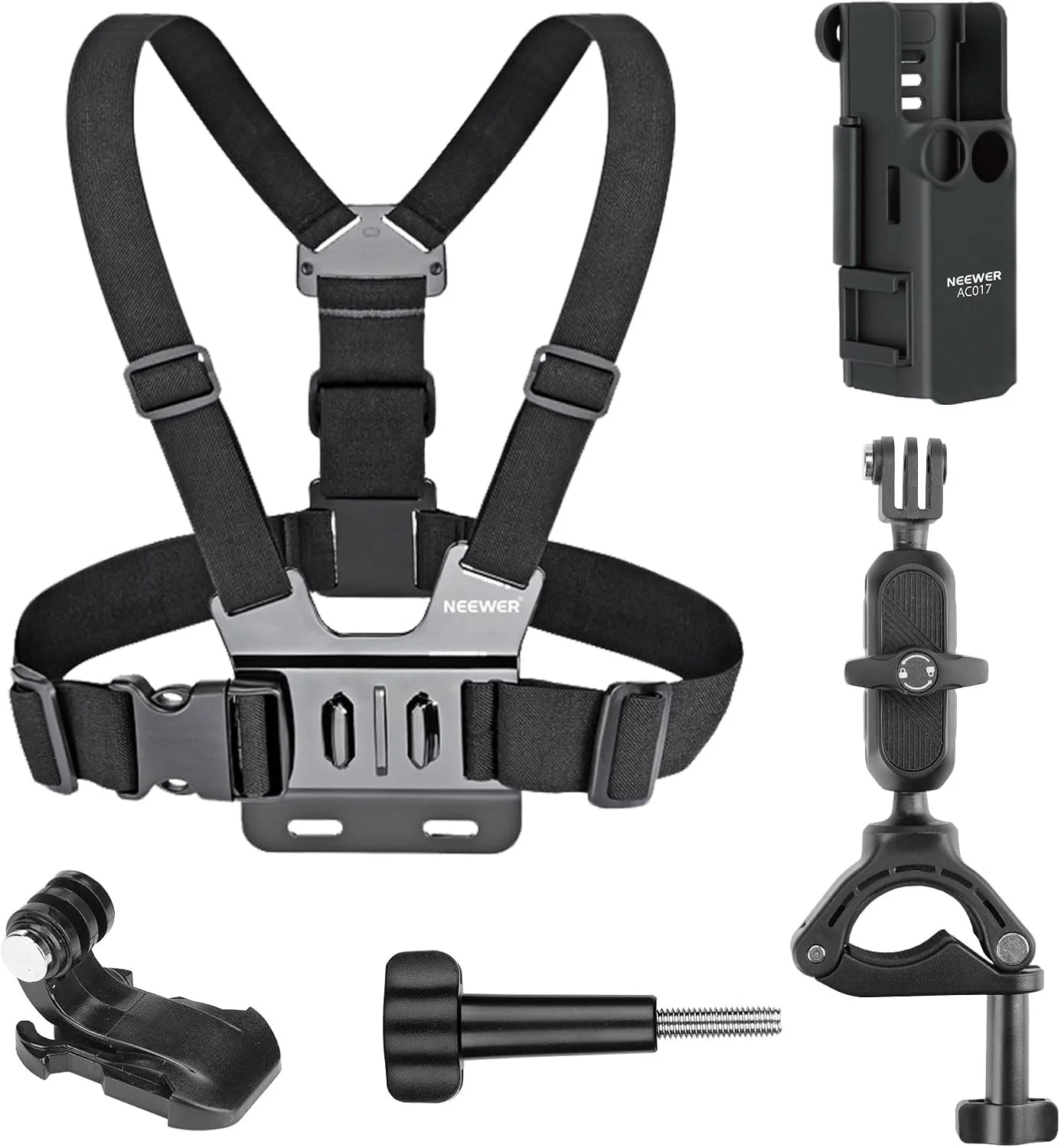 مجموعه لوازم جانبی 5 در 1 نیوور مدل Basics سازگار با DJI Osmo Pocket 3، شامل بند سینه، پایه آلومینیومی دوچرخه با آداپتور افزایش طول برای ضبط ویدیوهای اکشن در هنگام دوچرخه سواری، مدل GP-69