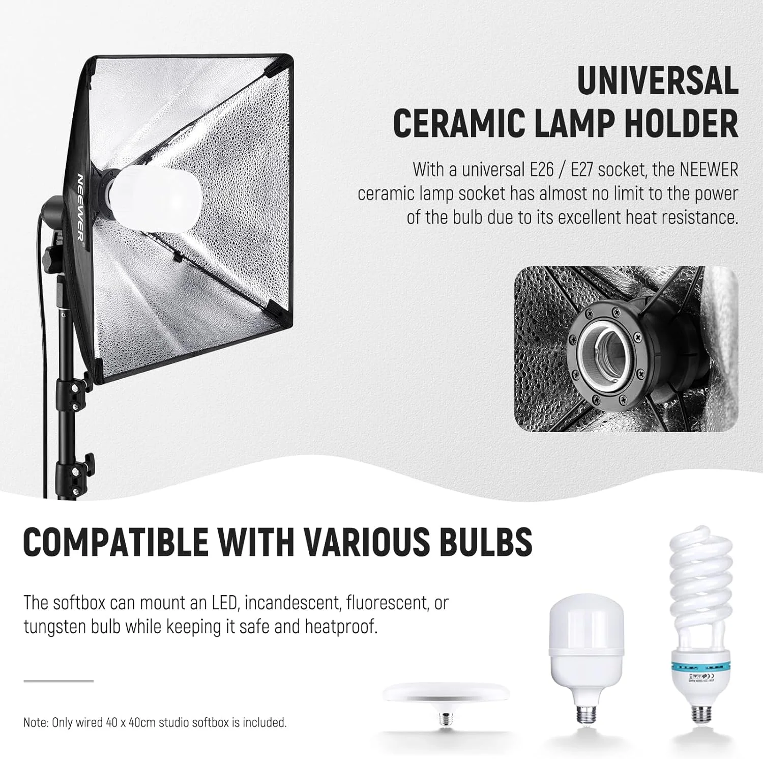 نرم باکس 40x40 سانتی‌متری NEEWER با سرپیچ سرامیکی E27، سیم برق دارای گواهی UL، دیفیوزر سفید و آداپتور پایه، اصلاح‌کننده نور بادوام نایلونی سافت باکس برای نورپردازی عکاسی استودیویی، SF4040 (دوشاخه UK)