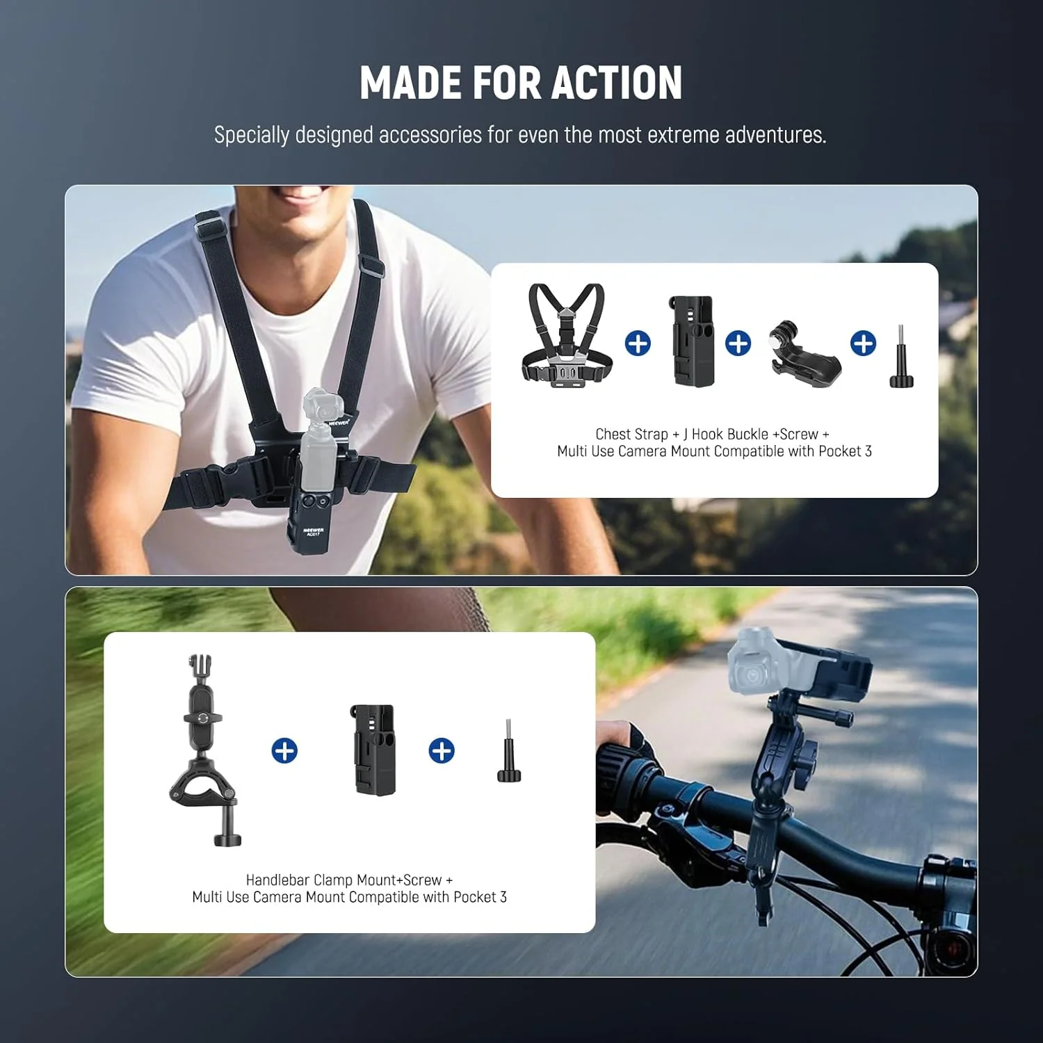 مجموعه لوازم جانبی 5 در 1 نیوور مدل Basics سازگار با DJI Osmo Pocket 3، شامل بند سینه، پایه آلومینیومی دوچرخه با آداپتور افزایش طول برای ضبط ویدیوهای اکشن در هنگام دوچرخه سواری، مدل GP-69 مجموعه لوازم جانبی 5 در 1 نیوور مدل Basics سازگار با DJI Osmo Pocket 3، شامل بند سینه، پایه آلومینیومی دوچرخه با آداپتور افزایش طول برای ضبط ویدیوهای اکشن در هنگام دوچرخه سواری، مدل GP-69