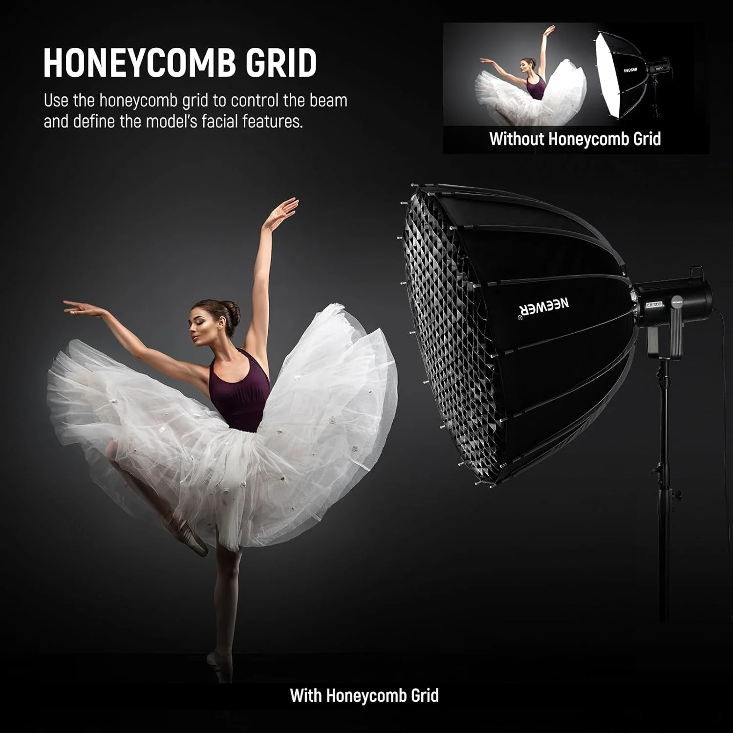 نرم باکس سهموی نیور با مانت بوئنز، 120 سانتی متر، پخش کننده/شبکه/کیف نور سافت باکس با رهاسازی سریع، سازگار با Godox، سازگار با Aputure 600d، نورپردازی ضبط ویدیو عکاسی استودیویی، NS39P