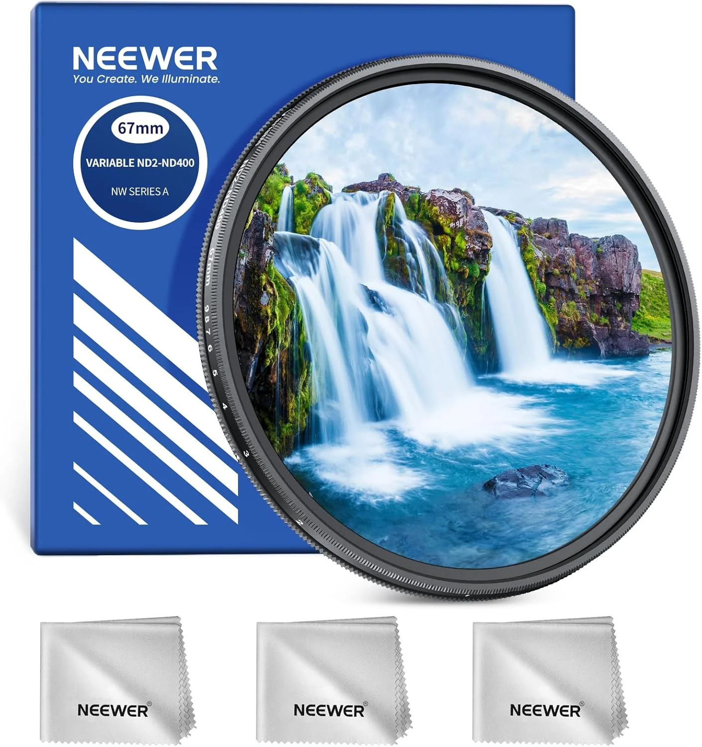 فیلتر ND متغیر 67 میلی‌متری NEEWER ND2-400 (1 تا 9 استاپ) به همراه 3 عدد دستمال تمیز کننده، فیلتر لنز دوربین با قابلیت تنظیم چرخش و تراکم خنثی متغیر با شیشه اپتیکال چند لایه برای تعادل نوردهی