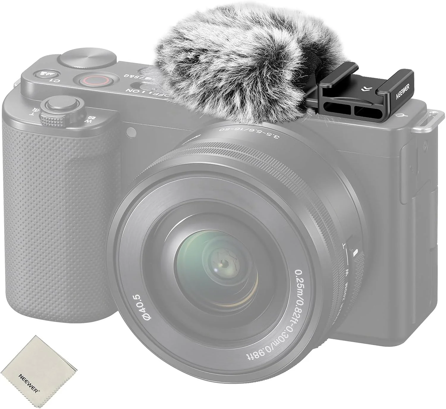 محافظ باد کفشکی مشکی NEEWER CA133 سازگار با دوربین های سونی ZV-1F ZV-E10 ZV-1 ZV-E1 ZV1 II Vlog، بادگیر خزدار میکروفون با آداپتور پایه کفشکی و لوازم جانبی پارچه تمیز کننده