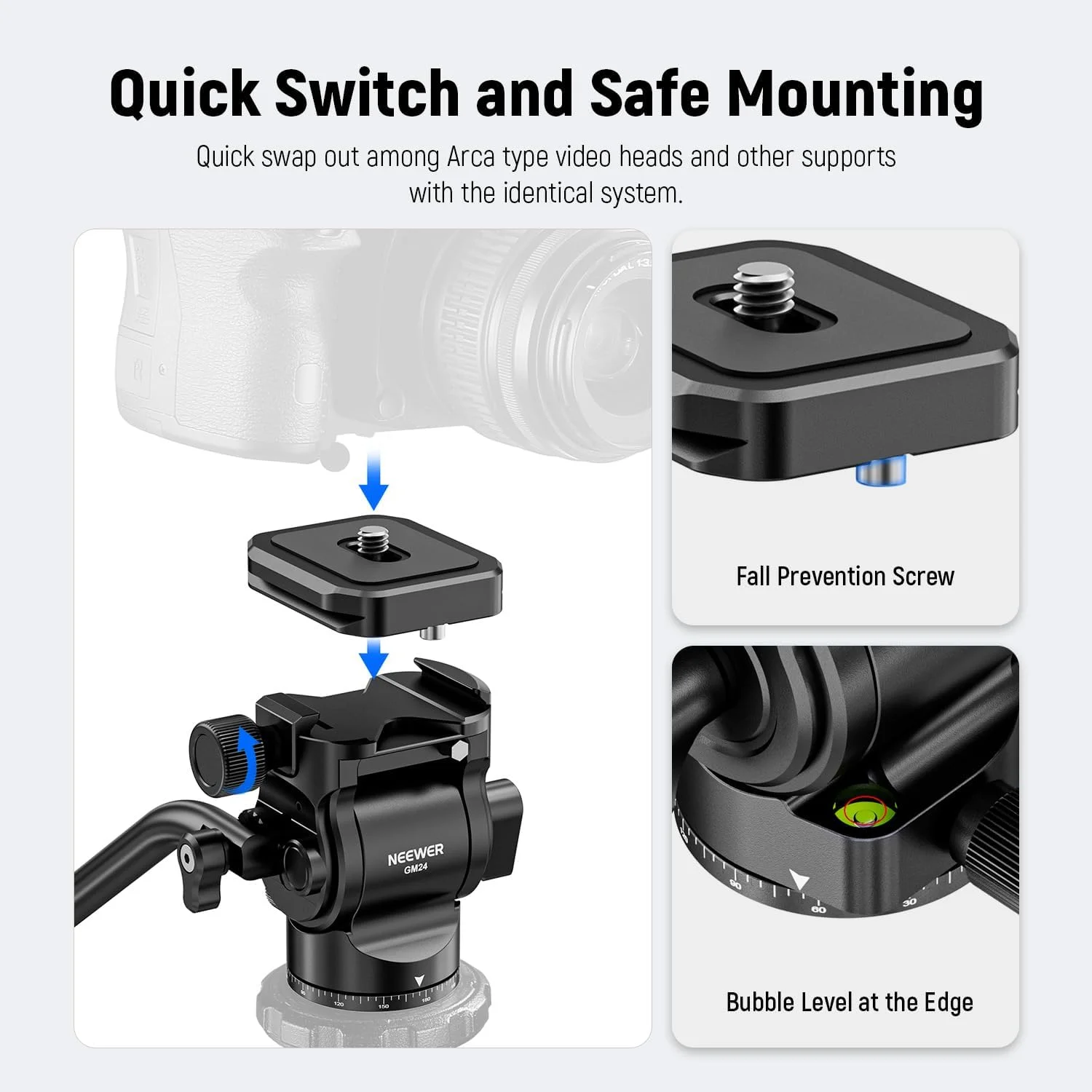 هد سیال سه پایه NEEWER با صفحه و دسته رهاسازی سریع، آداپتور پایه سه پایه دوربین فلزی با قابلیت چرخش و شیب سازگار با Arca Swiss برای دوربین های کامپکت DSLR، حداکثر بار 3 کیلوگرم، GM24 تمام مشکی هد سیال سه پایه NEEWER با صفحه و دسته رهاسازی سریع، آداپتور پایه سه پایه دوربین فلزی با قابلیت چرخش و شیب سازگار با Arca Swiss برای دوربین های کامپکت DSLR، حداکثر بار 3 کیلوگرم، GM24 تمام مشکی