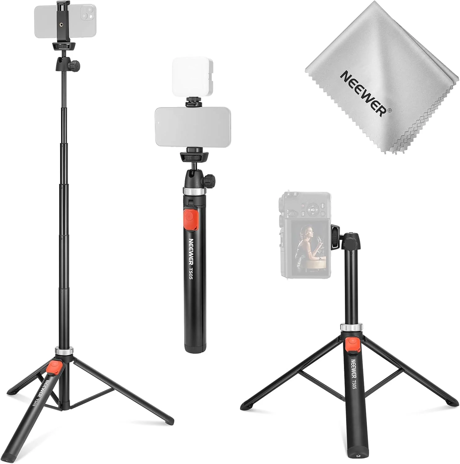 سه پایه دوربین و موبایل نیوور با هولدر موبایل و ریموت، 160 سانتی متری تمام فلزی، مناسب برای ضبط ویدیو و ولاگ، سازگار با آیفون، کانن، سونی، نیکون، به همراه پارچه تمیز کننده، مدل TS05