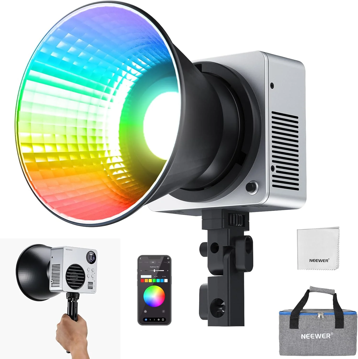نور ویدئویی ال ای دی RGBWW مدل NEEWER HB80C با توان 80 وات به همراه باتری 72 وات‌ساعتی و شارژ سریع 100 واتی PD، روشنایی 10400 لوکس بر متر، دمای رنگ 2500K-7500K، 18 جلوه نوری، نورافکن بوئنز برای عکاسی استودیویی و ضبط ویدئو