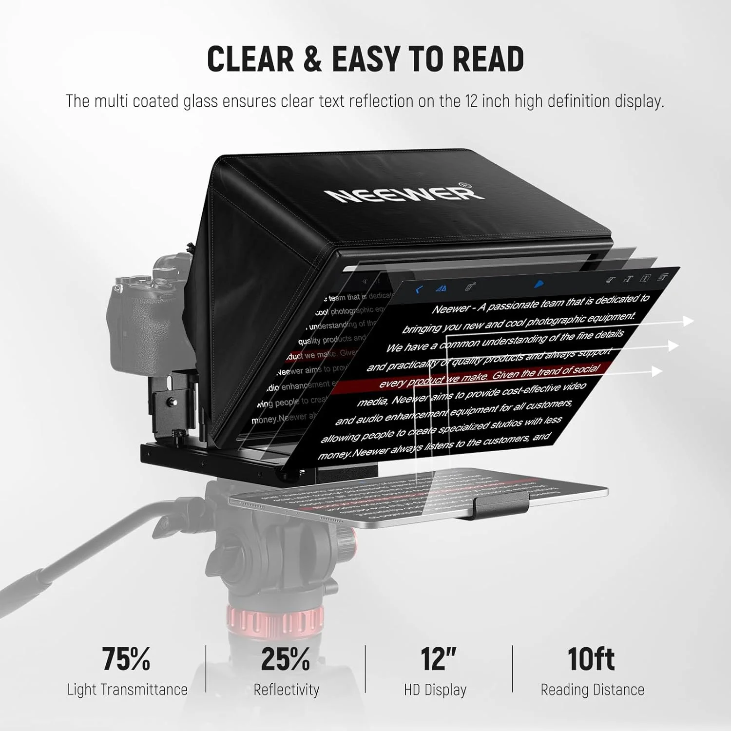 تله پرومتر قابل حمل NEEWER Basics X12B با آلیاژ آلومینیوم 12 اینچی، سازگار با آیفون، آیپد، تبلت و دوربین، بدون نیاز به مونتاژ، کنترل از طریق اپلیکیشن، به همراه دستمال تمیز کننده، مناسب برای تدریس آنلاین و پخش زنده تله پرومتر قابل حمل NEEWER Basics X12B با آلیاژ آلومینیوم 12 اینچی، سازگار با آیفون، آیپد، تبلت و دوربین، بدون نیاز به مونتاژ، کنترل از طریق اپلیکیشن، به همراه دستمال تمیز کننده، مناسب برای تدریس آنلاین و پخش زنده