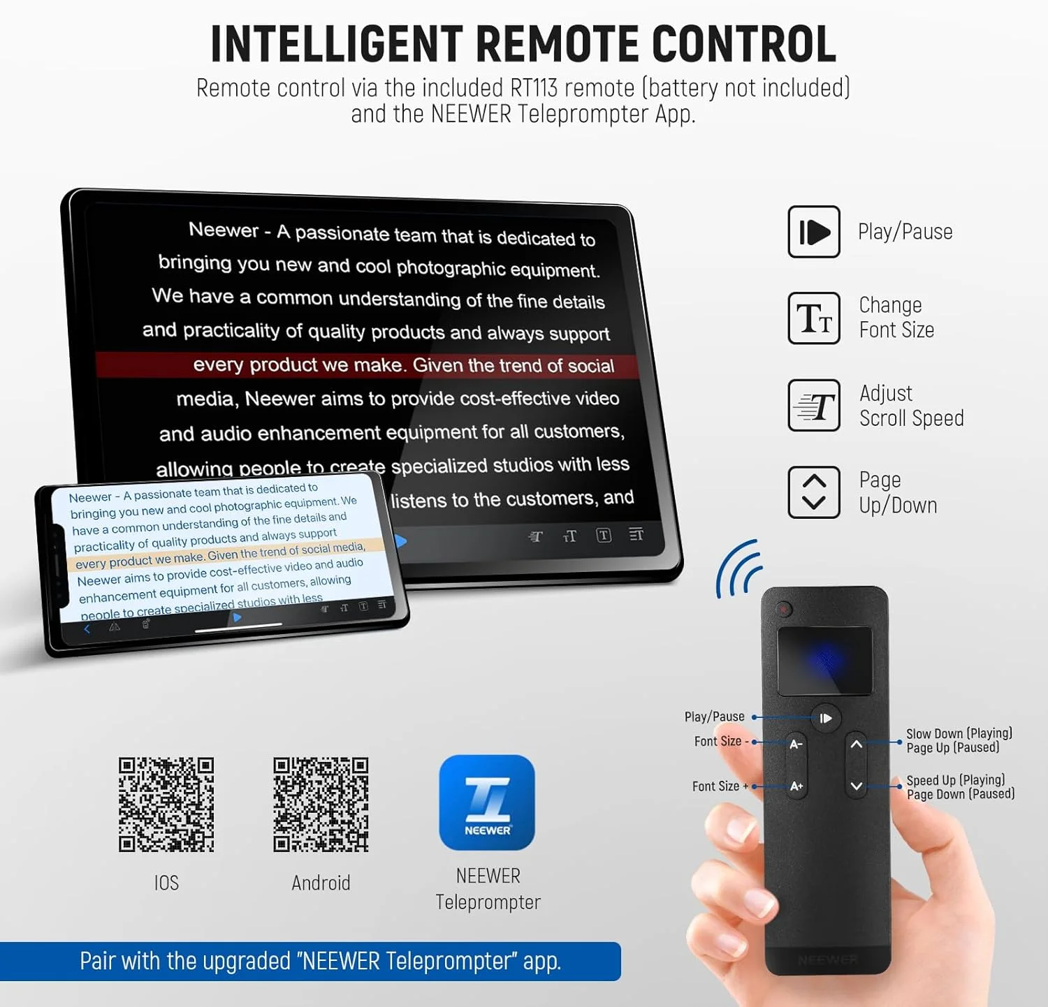 تله پرومتر قابل حمل NEEWER Basics X12B با آلیاژ آلومینیوم 12 اینچی، سازگار با آیفون، آیپد، تبلت و دوربین، بدون نیاز به مونتاژ، کنترل از طریق اپلیکیشن، به همراه دستمال تمیز کننده، مناسب برای تدریس آنلاین و پخش زنده تله پرومتر قابل حمل NEEWER Basics X12B با آلیاژ آلومینیوم 12 اینچی، سازگار با آیفون، آیپد، تبلت و دوربین، بدون نیاز به مونتاژ، کنترل از طریق اپلیکیشن، به همراه دستمال تمیز کننده، مناسب برای تدریس آنلاین و پخش زنده