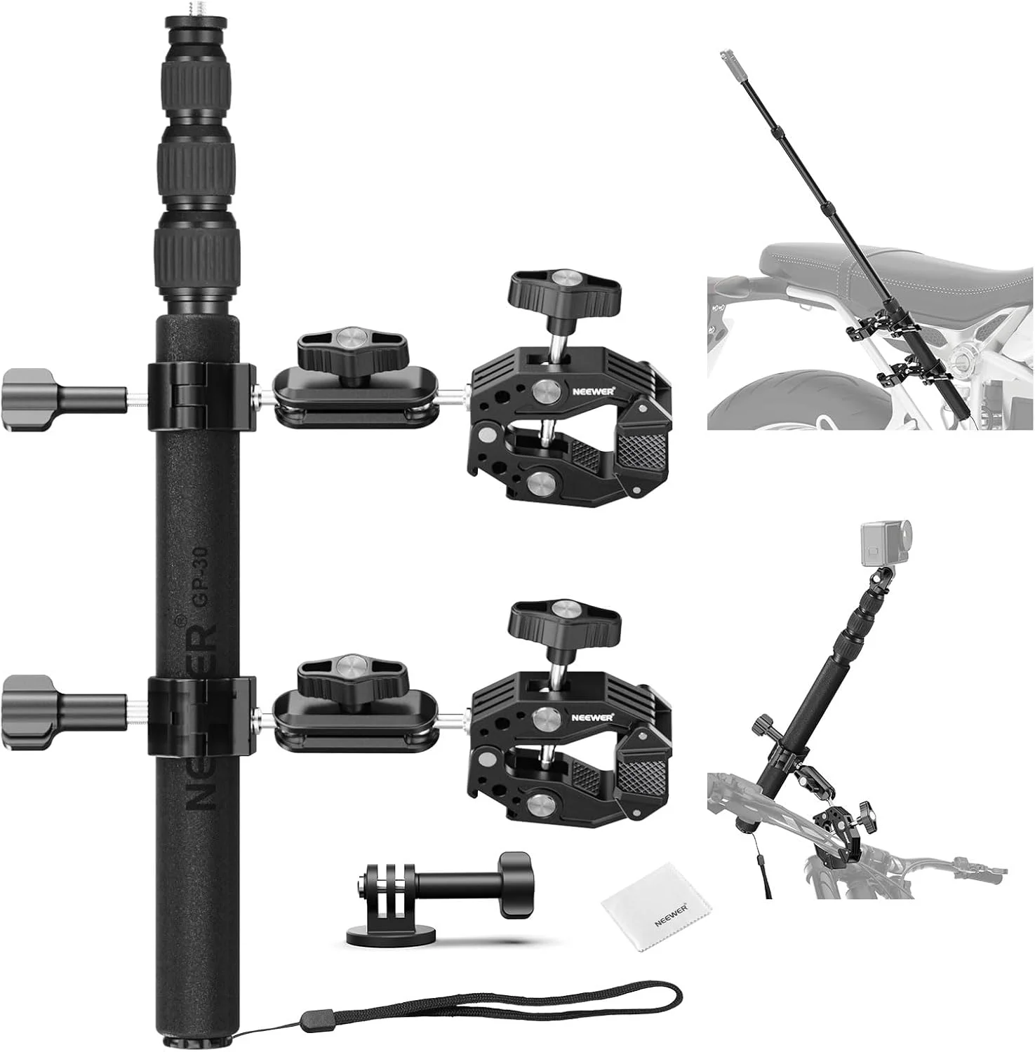 کیت پایه دوربین موتور سیکلت نیوور، میله سلفی نامرئی فرمان دوچرخه، سرهای توپی 360 درجه، گیره های سوپر و پارچه تمیز کننده، سازگار با دوربین های اکشن GoPro Insta360 DJI AKASO برای ضبط ویدیو، GP-30