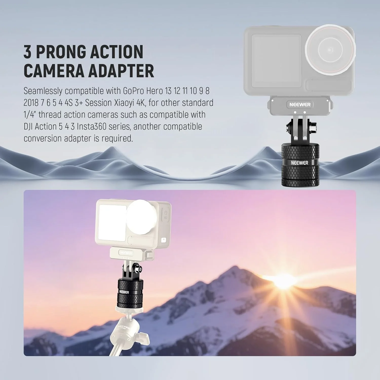 آداپتور اتصال سه پایه دوربین اکشن نیور سازگار با GoPro Hero 13 Go Pro 12 11 10 9 Black DJI Osmo Action 5 Pro 4 3، چرخش 360 درجه 1/4 اینچ -20 به پایه 3 شاخه برای لوازم جانبی استاندارد 1/4، GP-89 آداپتور اتصال سه پایه دوربین اکشن نیور سازگار با GoPro Hero 13 Go Pro 12 11 10 9 Black DJI Osmo Action 5 Pro 4 3، چرخش 360 درجه 1/4 اینچ -20 به پایه 3 شاخه برای لوازم جانبی استاندارد 1/4، GP-89