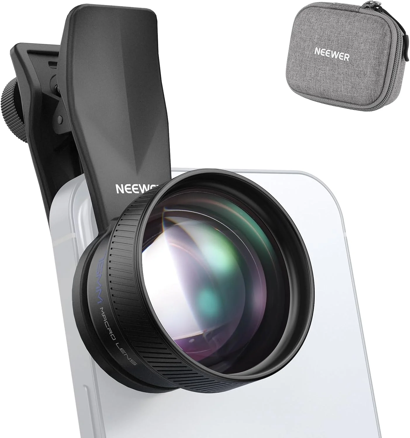 لنز ماکرو 75 میلی‌متری دوربین گوشی NEEWER با گیره لنز رزوه دار 17 میلی‌متری، بزرگنمایی 3 برابر، 5 عنصر در 5 گروه برای صفحه پشتی، قفس گوشی، سازگار با آیفون سامسونگ اندروید، LS-73