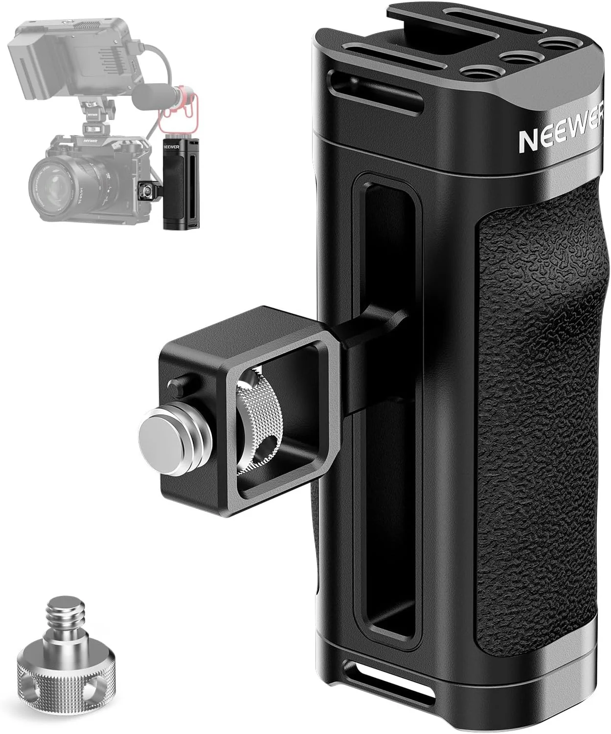 دسته جانبی دوربین NEEWER برای کیج دوربین، دسته سبک وزن ABS + PC با سیلیکون ضد لغزش، پیچ های 3/8 اینچ و 1/4 اینچ، پین تثبیت کننده ضد پیچش، بازوی قابل تنظیم عمودی، کفشک سرد، CA069H