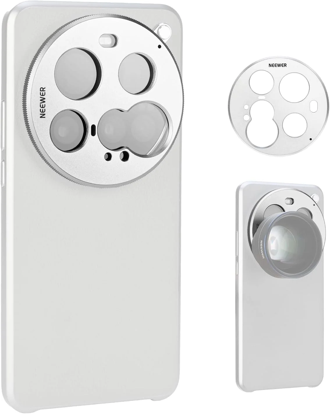 پلیت پشتی لنز 15 Ultra نیور، آلومینیومی با رزوه 17 میلی‌متری، نگهدارنده آداپتور لنز تلفن برای دوربین‌های اصلی و تله فوتو، سازگار با قاب اصلی گوشی Xiaomi 15 Ultra، PA111 (نقره‌ای)