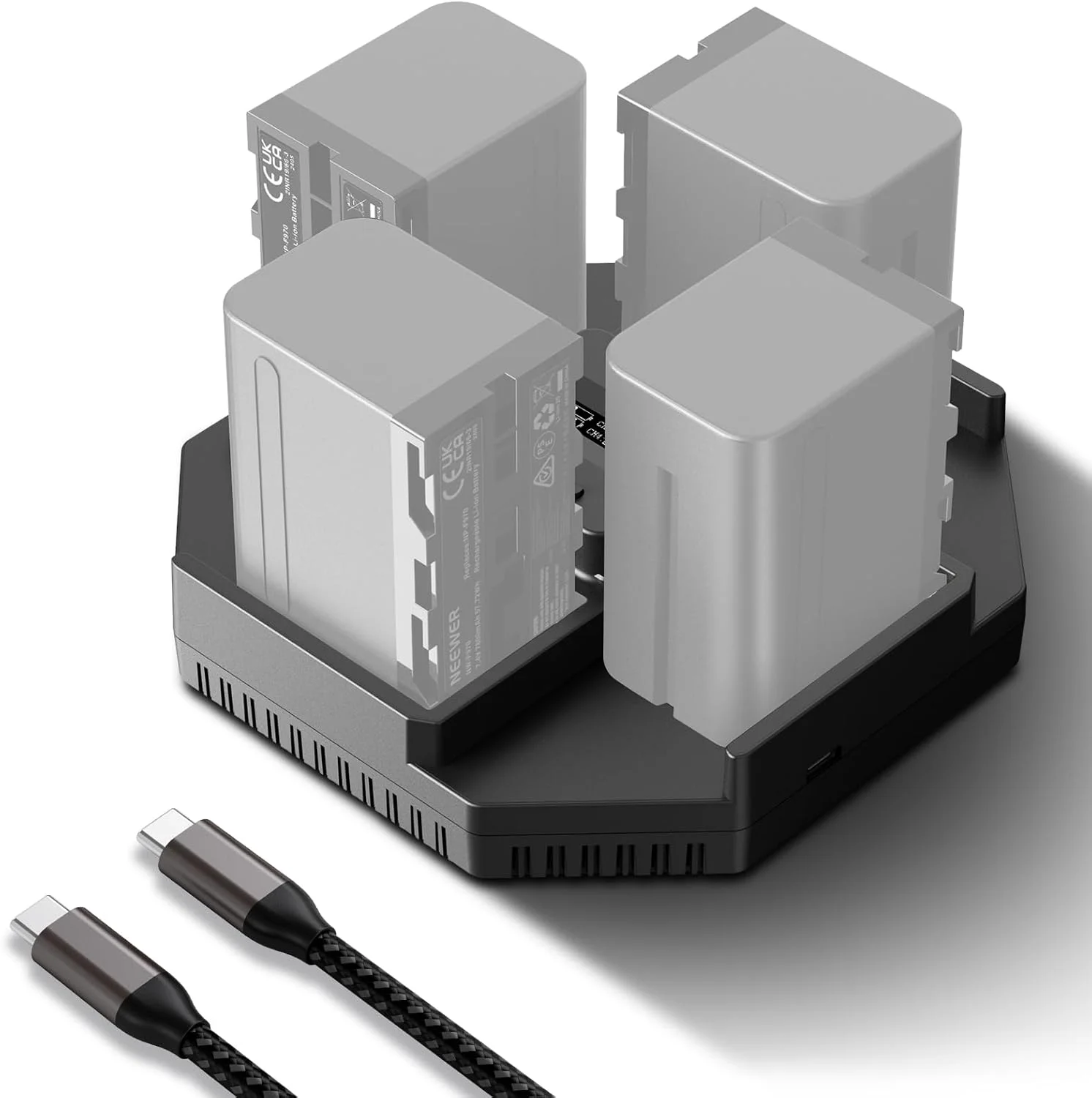 شارژر 4 کاناله Neewer NP-F970 برای باتری دوربین فیلمبرداری NP-F550 NP-F750، شارژر سریع باتری NPF با توان 100 وات PD با صفحه نمایش OLED و کابل شارژ سریع 100 وات USB C به USB C، NW-F4