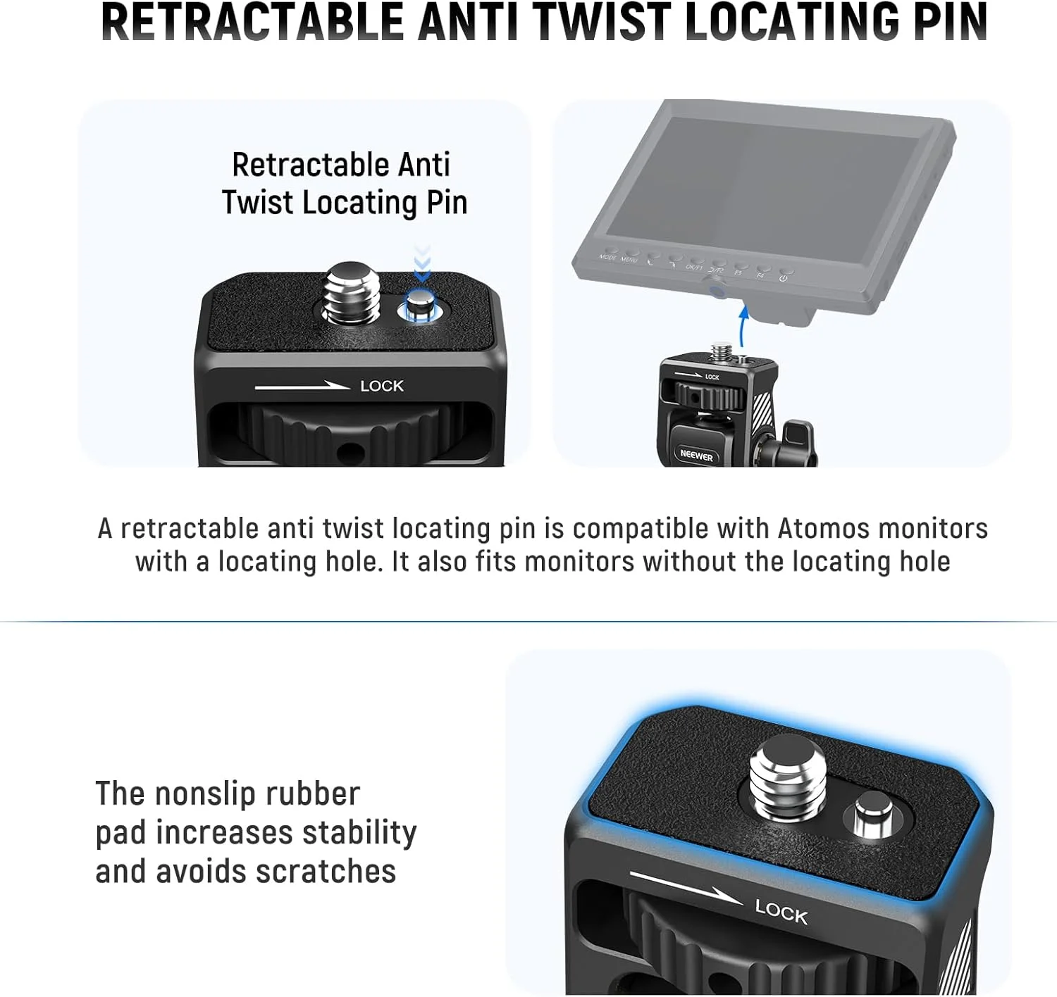 نگهدارنده مانتیور صحنه دوربین NEEWER، چرخش 360 درجه و شیب قابل تنظیم 180 درجه با پیچ 1/4 و 3/8 اینچ سازگار با Atomos Ninja 5 و 7 اینچ، سازگار با قفس دوربین SmallRig، MA022 نگهدارنده مانتیور صحنه دوربین NEEWER، چرخش 360 درجه و شیب قابل تنظیم 180 درجه با پیچ 1/4 و 3/8 اینچ سازگار با Atomos Ninja 5 و 7 اینچ، سازگار با قفس دوربین SmallRig، MA022