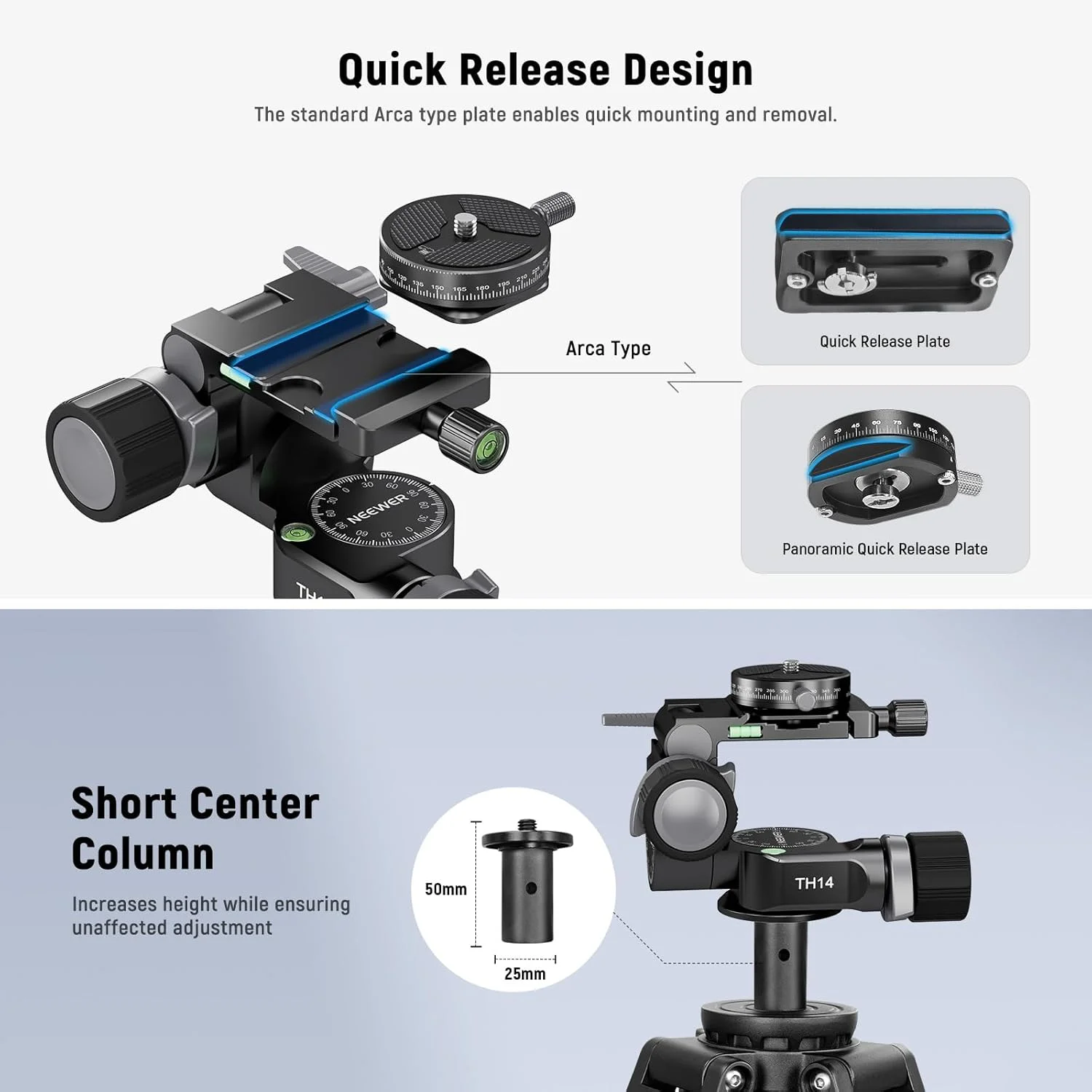 سر سه پایه دو طرفه NEEWER با تنظیم دقیق میلیمتری، سر پن تیلت آلیاژ آلومینیوم، صفحه QR نوع Arca پانوراما 360 درجه سازگار با دوربین های DSLR سونی کانن نیکون، حداکثر بار 6 کیلوگرم، TH14 سر سه پایه دو طرفه NEEWER با تنظیم دقیق میلیمتری، سر پن تیلت آلیاژ آلومینیوم، صفحه QR نوع Arca پانوراما 360 درجه سازگار با دوربین های DSLR سونی کانن نیکون، حداکثر بار 6 کیلوگرم، TH14