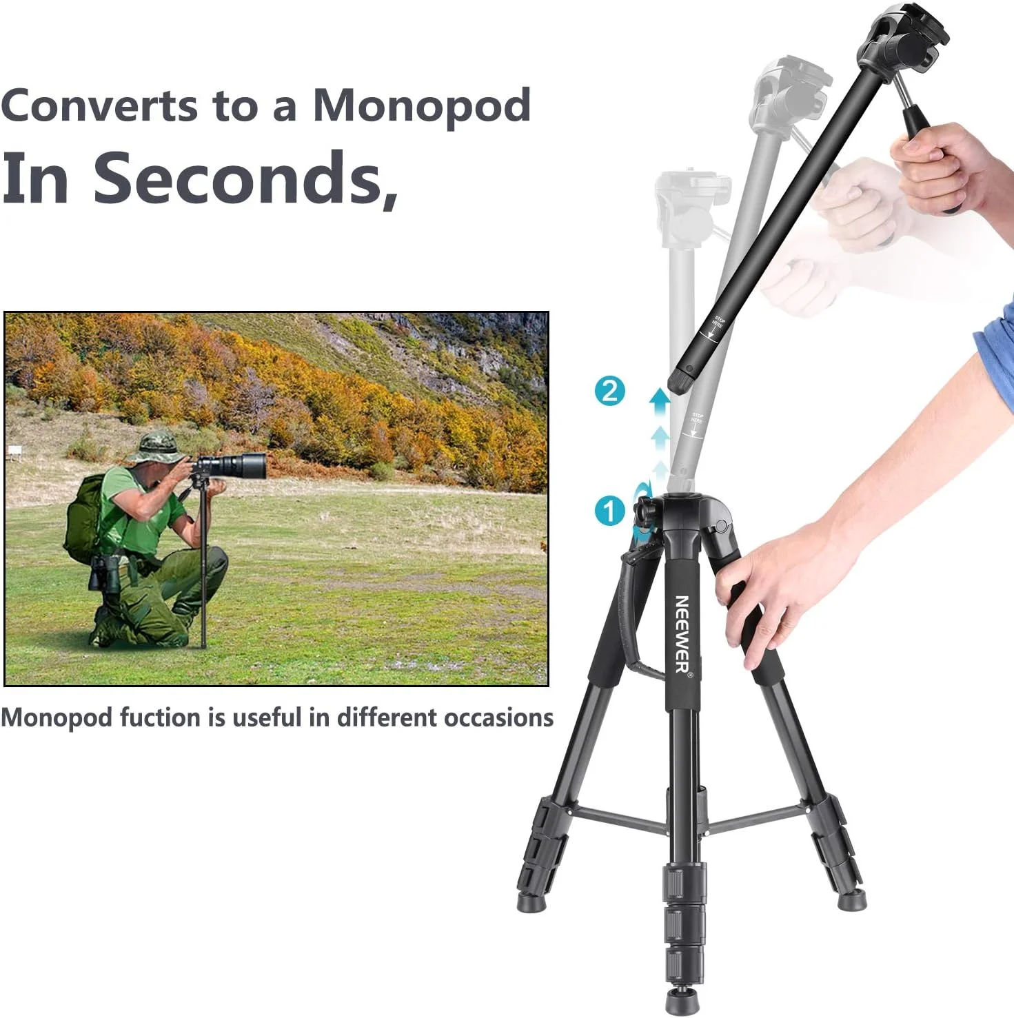 سه پایه دوربین آلومینیومی قابل حمل نیور 177 سانتی متری با سر چرخان سه طرفه، کیف برای دوربین های DSLR، دوربین فیلمبرداری DV، تحمل وزن تا 4 کیلوگرم، مشکی (SAB264)