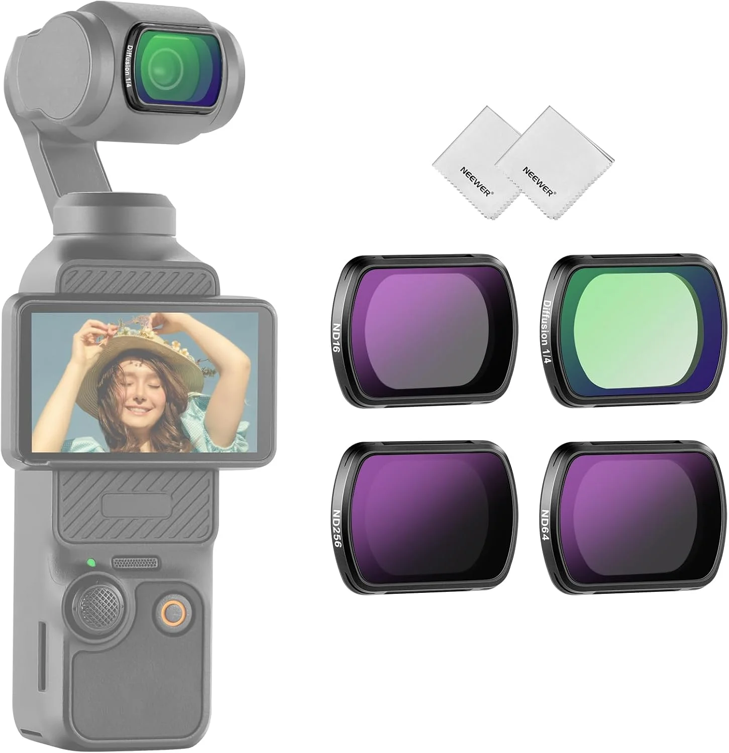 مجموعه فیلتر ND مغناطیسی نیوئر سازگار با لوازم جانبی کمبو DJI Osmo Pocket 3 Creator، بسته 4 عددی فیلتر دوربین اکشن چند لایه HD ND16/ND64/ND256/Black Mist Diffusion 1/4 + 2 عدد دستمال تمیز کننده