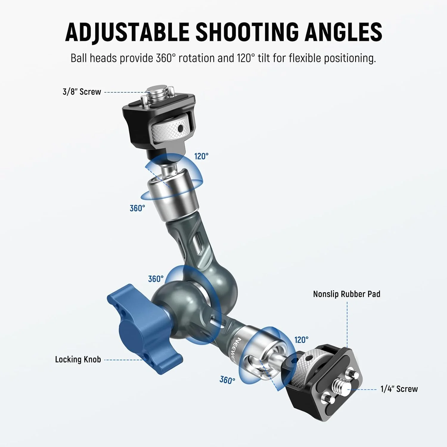 بازوی جادویی مفصلی 7 اینچی NEEWER، پایه مانیتور دوربین با سرهای توپی و پین های ضد پیچش، پیچ های 1/4 و 3/8 اینچی برای دوربین DSLR، دوربین اکشن، وب کم، نور ویدئو، سازگار با قفس SmallRig، حداکثر بار 3 کیلوگرم، UA082