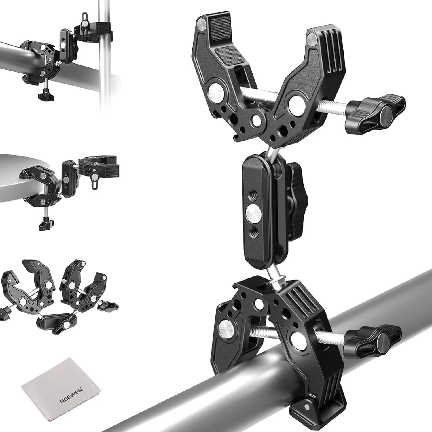 گیره دوبل سوپر نیوور با بازوی جادویی، پارچه تمیز کننده، پایه گیره میله دوربین چتر برای پایه نور استودیوی عکس رومیزی، رفلکتور، اسکرین، میله متقاطع، موتورسیکلت، لوازم جانبی عکاسی، UA036